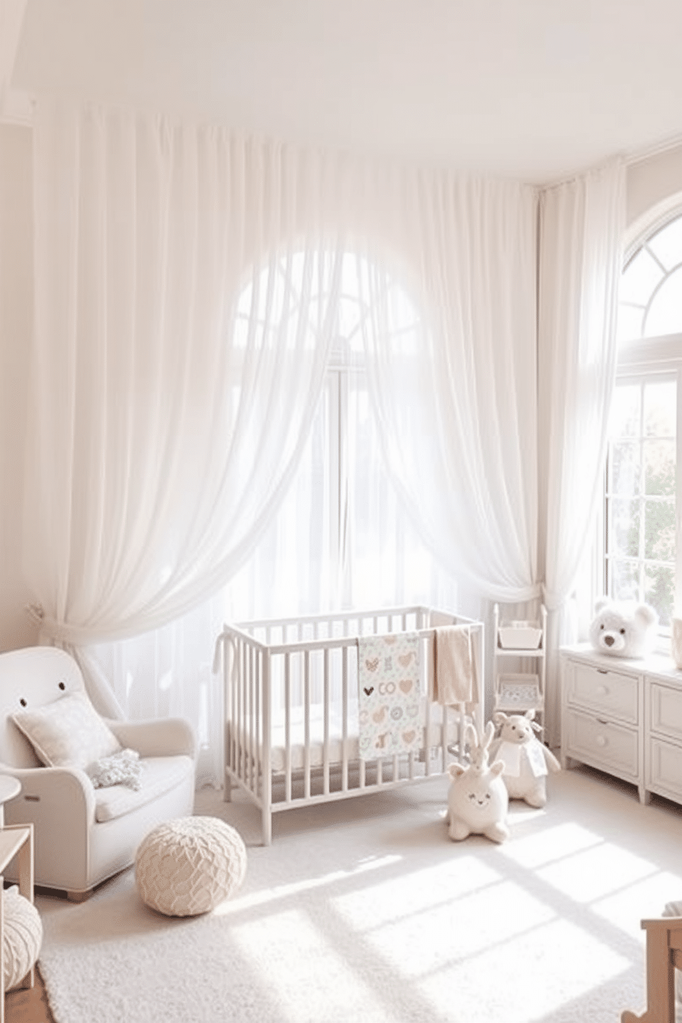 Lightweight sheer curtains drape elegantly across the windows, allowing soft natural light to filter into the room. The curtains create an airy atmosphere, enhancing the sense of space and tranquility in the nursery. The nursery is adorned with playful decor in soft pastel colors, featuring whimsical patterns and textures. A cozy crib sits in the center, surrounded by plush toys and a gentle rocking chair, inviting comfort and warmth.