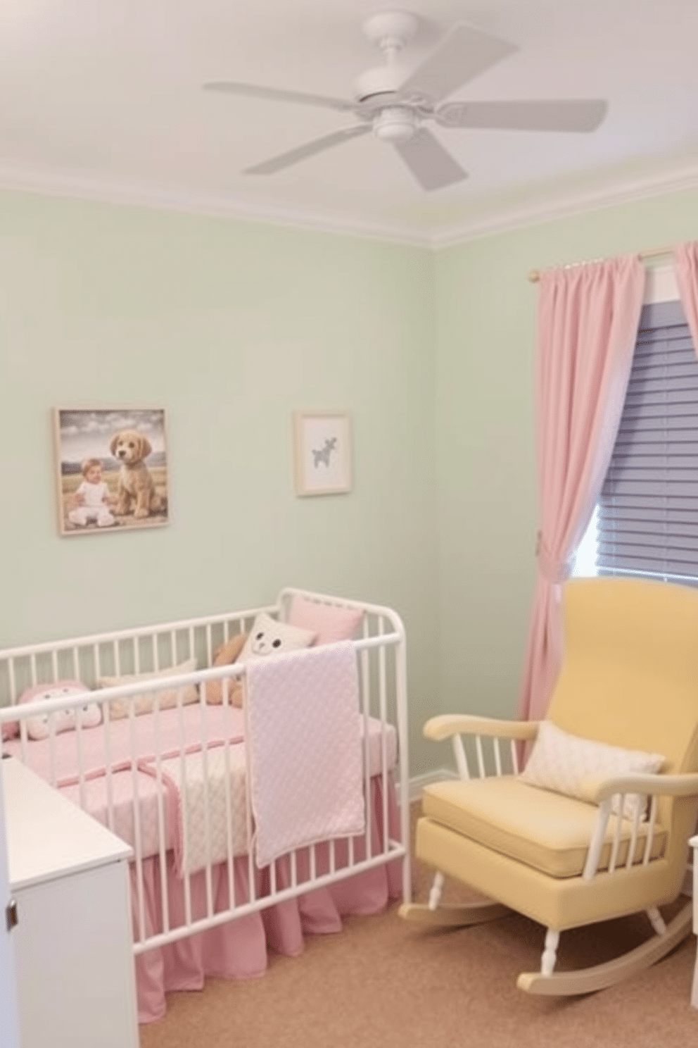 A serene nursery space designed with soft pastel colors creates a calming atmosphere. The walls are painted in a gentle mint green, complemented by light pink accents in the bedding and curtains. A cozy crib is positioned against one wall, adorned with plush toys and a soft quilt. A comfortable rocking chair in a pale yellow hue sits in the corner, inviting moments of relaxation and bonding.