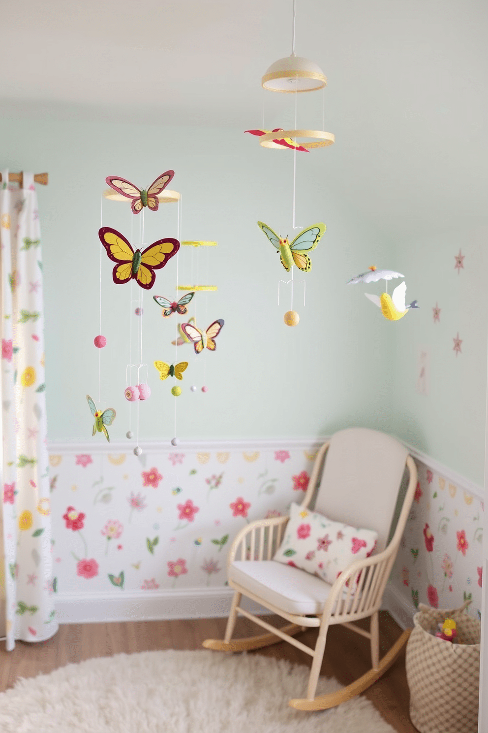 Colorful mobiles featuring butterflies and birds hang gracefully from the ceiling, adding a whimsical touch to the nursery. The walls are painted in soft pastel colors, creating a cheerful and inviting atmosphere for the little one. The nursery is adorned with playful patterns, including floral and animal motifs, that complement the vibrant mobiles. A cozy rocking chair sits in the corner, surrounded by plush cushions and a soft area rug, providing a perfect spot for reading and relaxation.