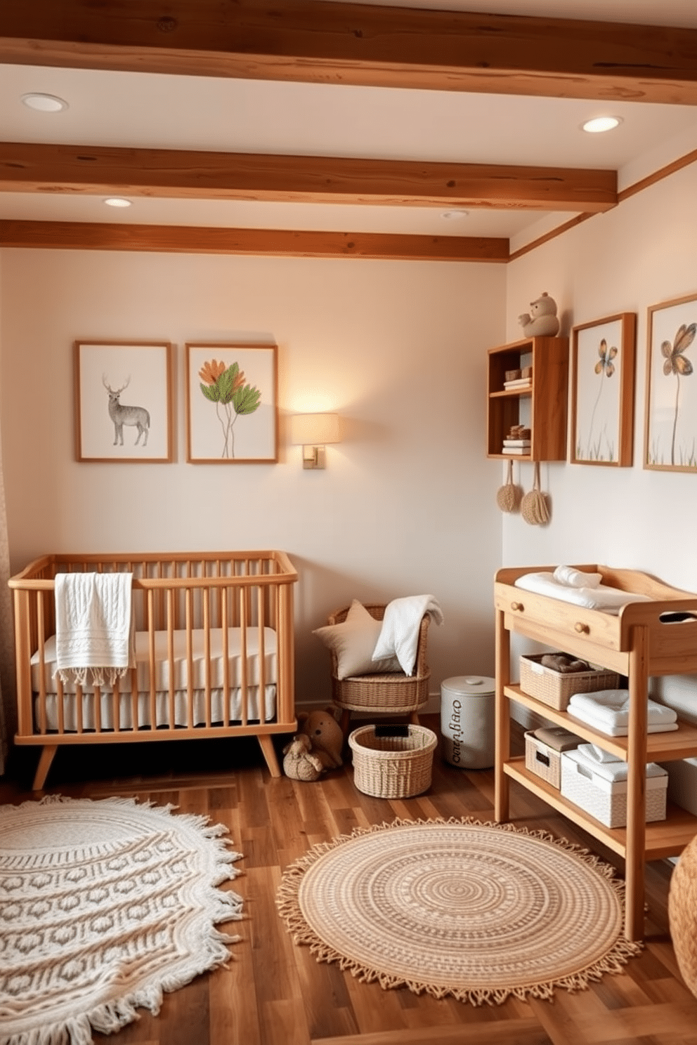 A cozy nursery filled with natural wood accents that create warmth and texture. Soft pastel colors adorn the walls, while a wooden crib sits against one side, surrounded by plush rugs and gentle lighting. A changing table crafted from natural wood complements the room, adorned with soft linens and decorative baskets. Whimsical wall art featuring nature themes adds a playful touch, making the space inviting and serene.