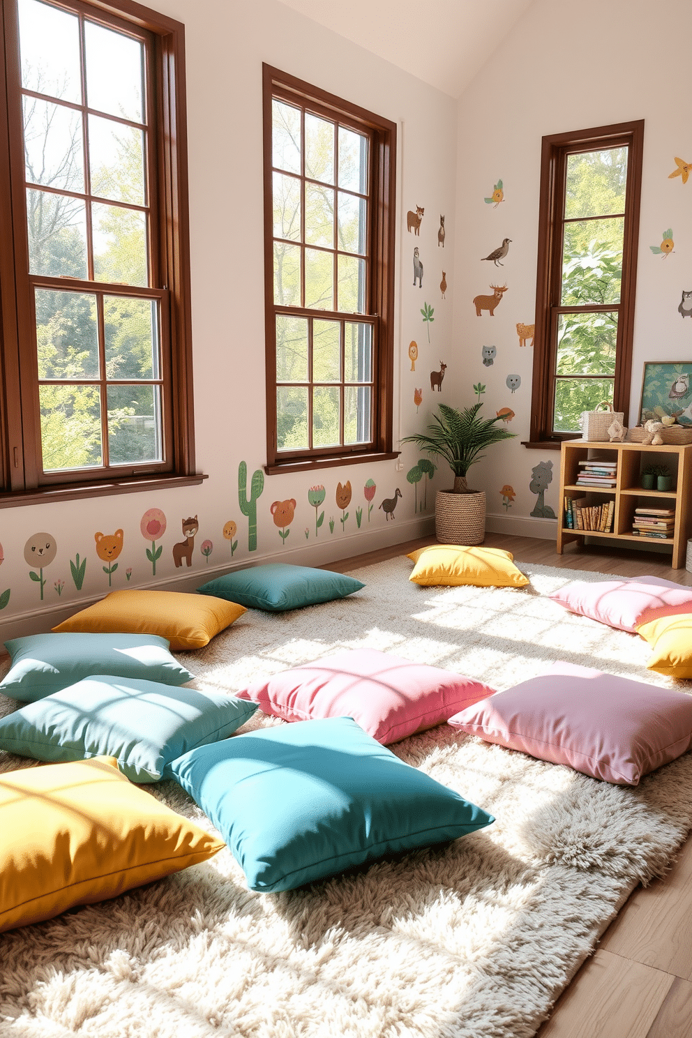 Cozy floor cushions scattered across a soft, plush rug create a warm and inviting play area for children. The cushions are in various pastel colors, complementing the light and airy atmosphere of the summer nursery. Brightly colored wall decals of animals and nature scenes enhance the playful vibe of the space. Large windows allow natural light to flood in, illuminating the cheerful decor and creating a serene environment for relaxation and play.