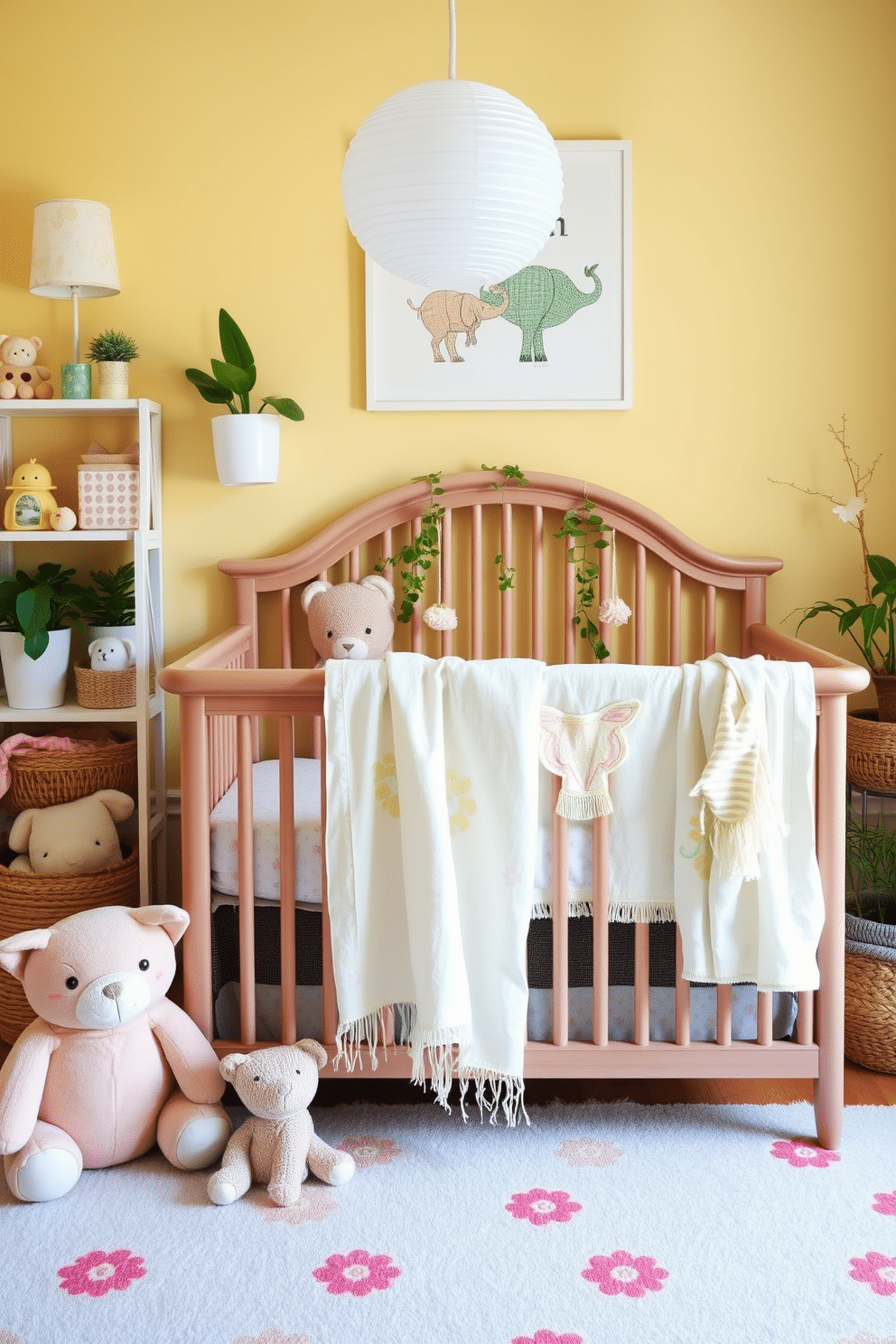 Whimsical animal-themed decor elements create a playful and enchanting atmosphere in a child's nursery. Soft pastel colors dominate the space, with plush animal toys scattered around and wall art featuring friendly creatures. Summer nursery decorating ideas incorporate bright colors and natural elements to bring the outdoors inside. Light, airy fabrics drape over the crib, while potted plants and floral patterns add a fresh and vibrant touch.