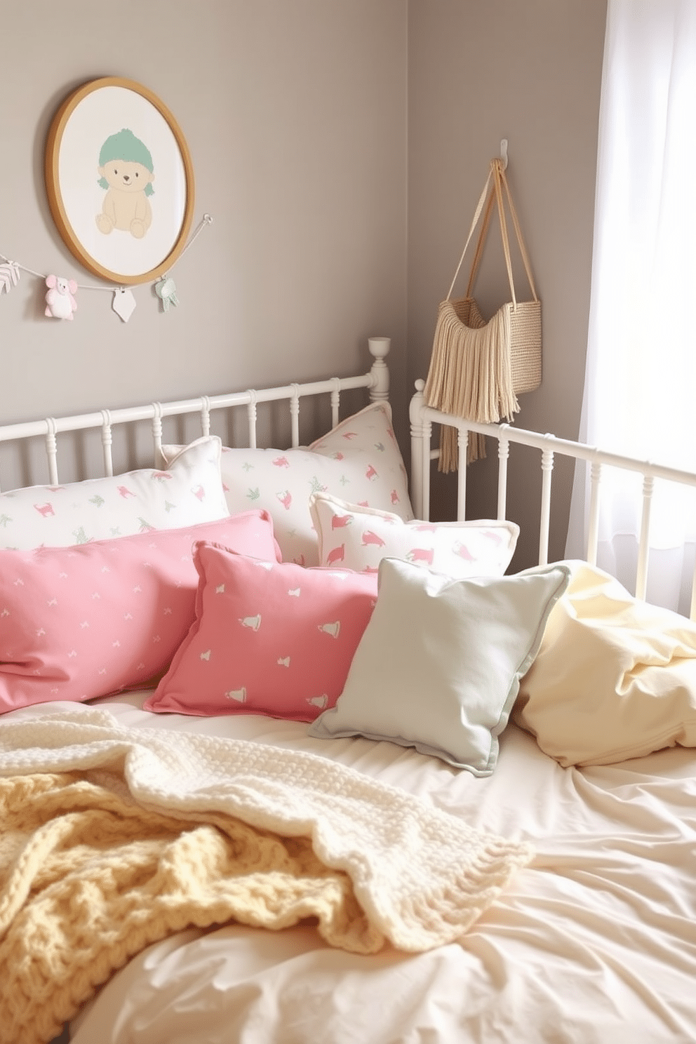 Soft cotton bedding in bright hues creates a cheerful and inviting atmosphere for a summer nursery. The bed is adorned with playful patterns and textures, complemented by matching cushions and a cozy throw blanket.