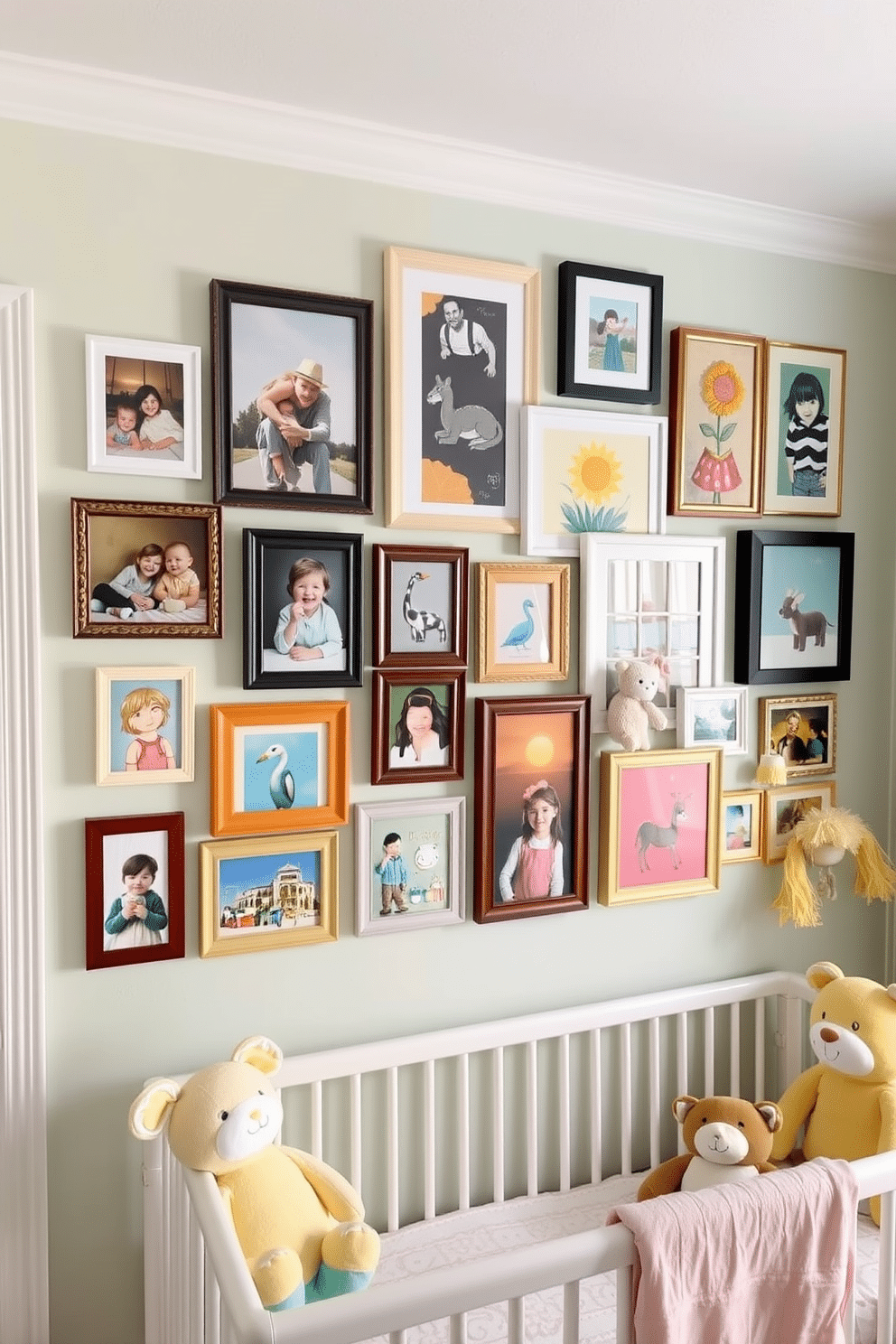 A gallery wall filled with an eclectic mix of family photos and vibrant artwork creates a warm and inviting atmosphere. The frames vary in size and style, arranged in a harmonious layout that draws the eye and sparks conversation. For a summer nursery, soft pastel colors dominate the space, with light yellow and mint green accents. Adorable animal-themed decor and plush toys create a cheerful and cozy environment for a baby to thrive in.