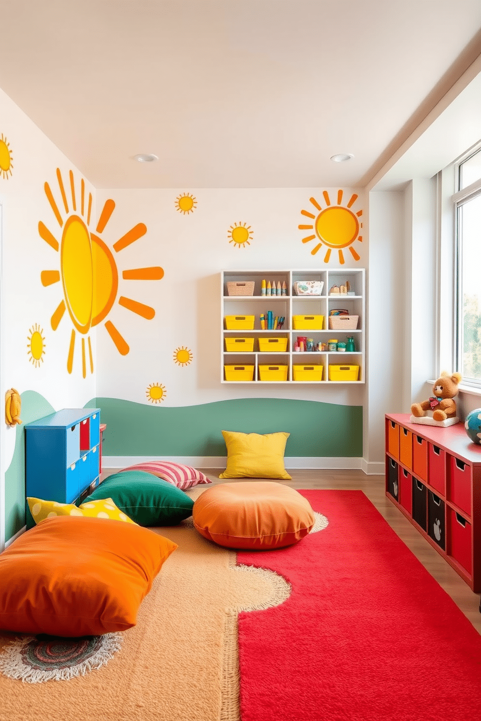 Bright sun-themed wall murals create a vibrant and cheerful atmosphere in the summer playroom. The murals feature playful sun designs in warm yellows and oranges, enhancing the room's playful spirit and inviting natural light. The space is filled with colorful cushions and soft rugs that encourage play and relaxation. Brightly colored storage bins and shelves keep toys organized while adding to the playful decor.