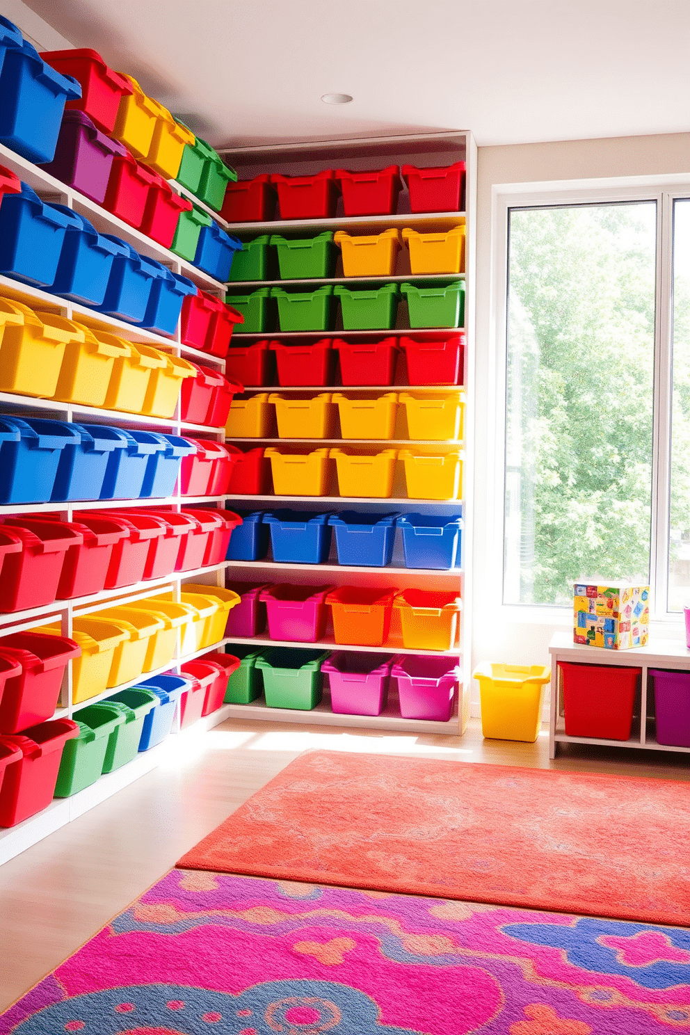 A vibrant playroom filled with colorful storage bins neatly arranged along the walls. The bins are in various shades of blue, red, yellow, and green, providing a fun and inviting atmosphere for children to store their toys. Brightly colored rugs cover the floor, adding warmth and comfort to the space. Large windows let in natural light, illuminating the playful decor and creating a cheerful environment for playtime.