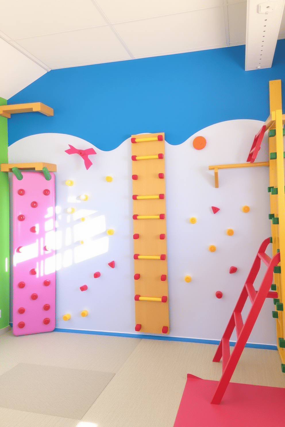 A vibrant summer playroom filled with wall-mounted climbing structures designed for play. The walls are painted in cheerful pastel colors, and soft mats cover the floor for safety and comfort.