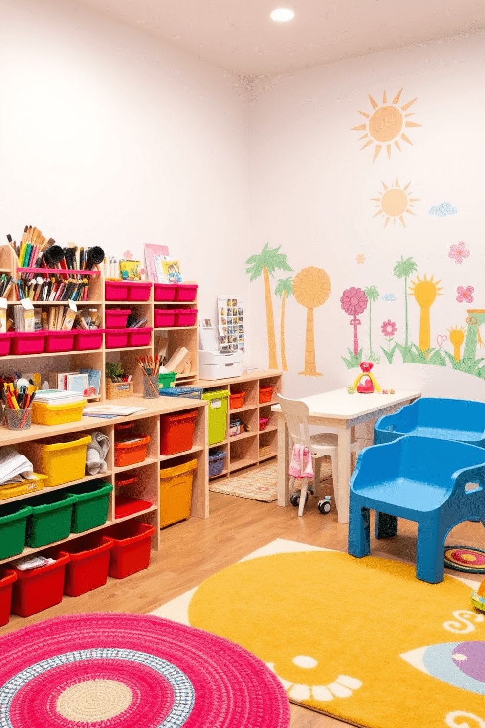 A cozy DIY craft corner filled with neatly organized supplies. There are colorful bins for papers, paints, and brushes, and a large table with ample workspace for creativity. A vibrant summer playroom decorated with bright colors and playful patterns. The walls feature cheerful murals, and soft rugs provide a comfortable area for kids to play and explore.