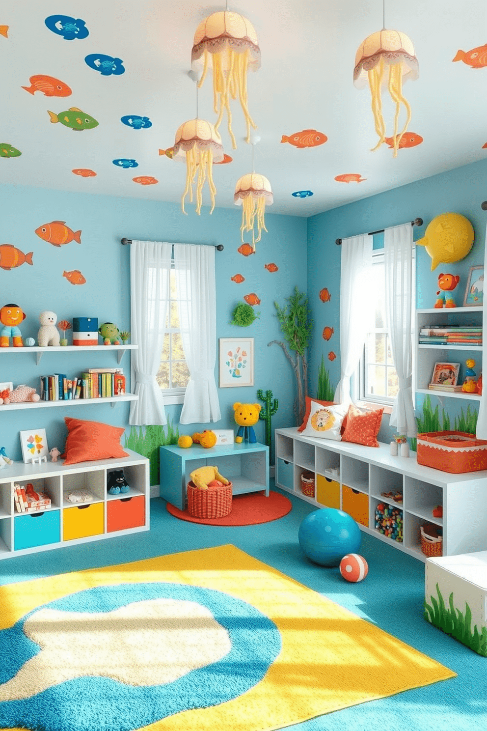 Under-the-sea themed decorations and colors create a vibrant and playful atmosphere. The walls are painted in a soft aqua blue, adorned with fish and coral murals, while the ceiling features hanging jellyfish lights. Brightly colored rugs in shades of coral and seaweed green cover the floor, providing a cozy area for play. Shelves are filled with plush sea creatures and ocean-themed books, inviting children to explore their underwater imagination. Summer playroom decorating ideas embrace light and airy designs. Large windows allow natural light to flood the space, complemented by sheer white curtains that flutter gently in the breeze. A playful palette of sunny yellows, sky blues, and grassy greens creates a cheerful environment. Fun, modular furniture pieces provide flexibility for various activities, while wall-mounted storage keeps toys organized and accessible.