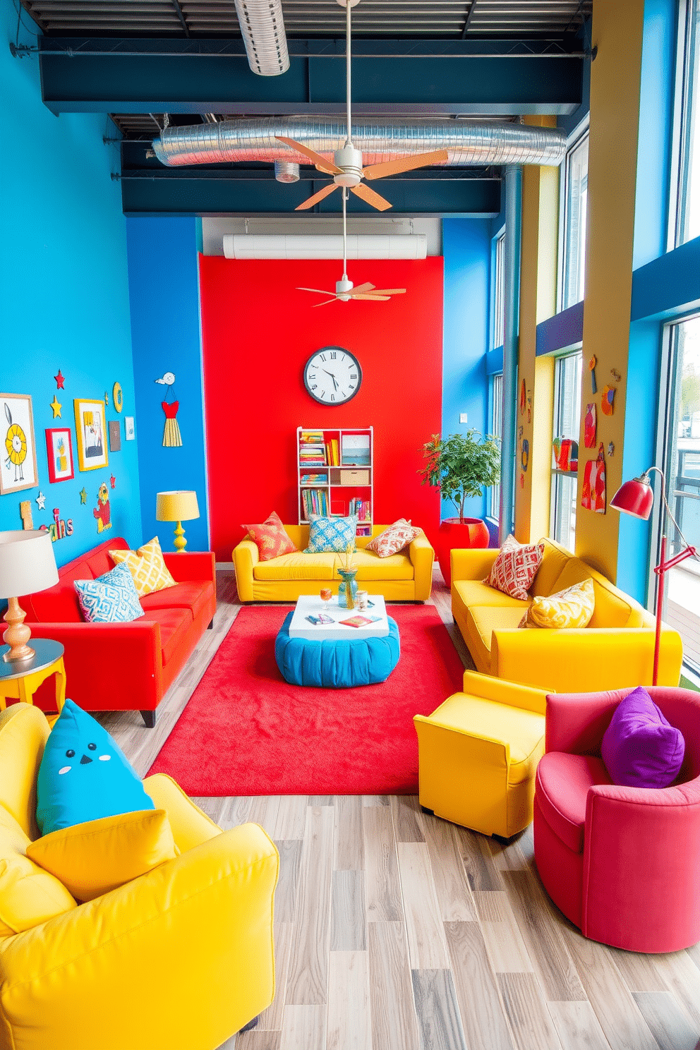 Brightly colored furniture fills the space, creating a lively and energetic atmosphere. The room features a mix of vibrant sofas, playful bean bags, and cheerful accent chairs in shades of yellow, blue, and red. Walls adorned with whimsical artwork and playful decals enhance the fun vibe. A bright area rug anchors the seating arrangement, while large windows allow natural light to flood in, making the space feel warm and inviting.