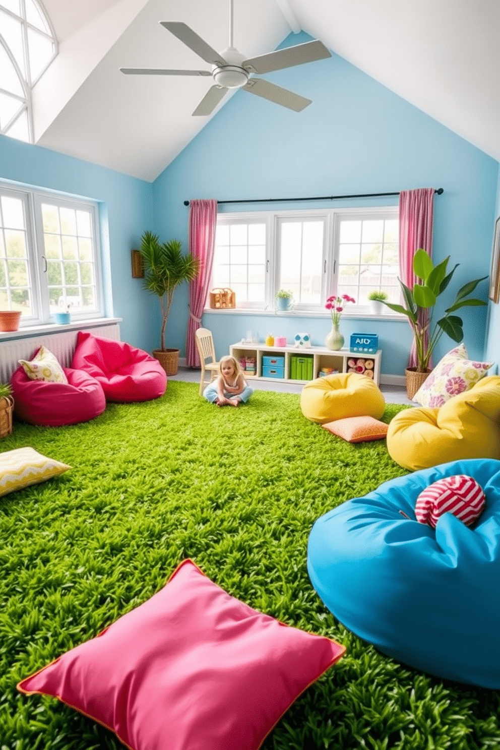 A vibrant summer playroom filled with outdoor-inspired elements. The walls are painted in a soft sky blue, and large windows let in plenty of natural light. A playful faux grass rug covers the floor, creating a cozy area for children to sit and play. Colorful bean bags and cushions are scattered around, inviting relaxation and fun.