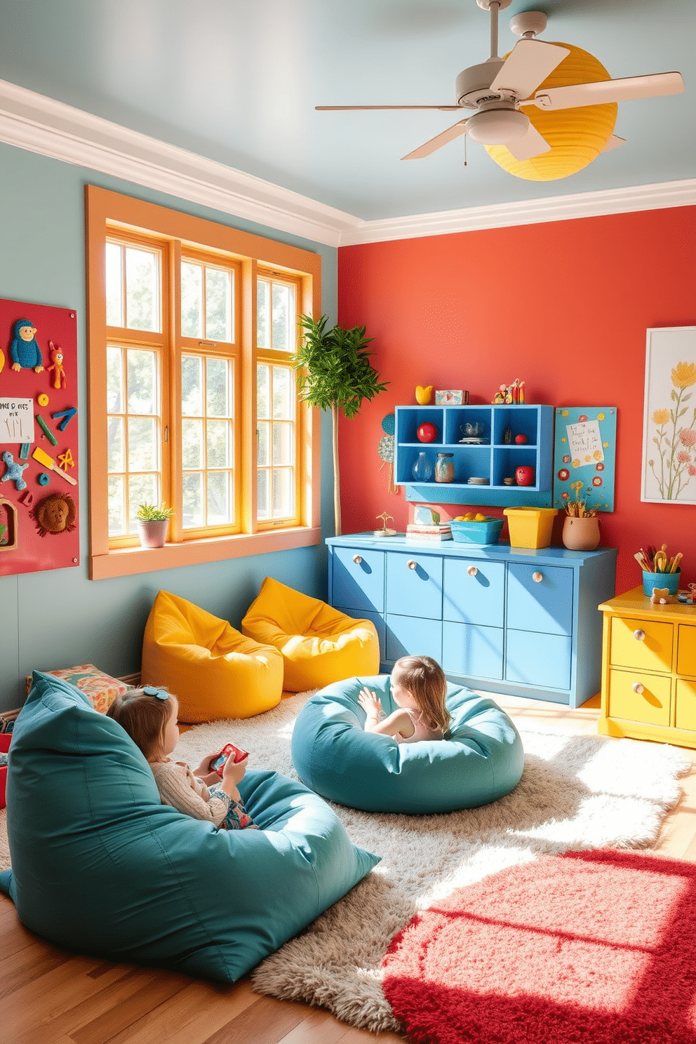 A vibrant summer playroom filled with colorful decor and playful elements. The walls are painted in bright hues, adorned with magnetic panels that encourage creativity and interaction. Soft bean bags and plush rugs create a cozy seating area for children. A large window allows natural light to flood the space, enhancing the cheerful atmosphere.