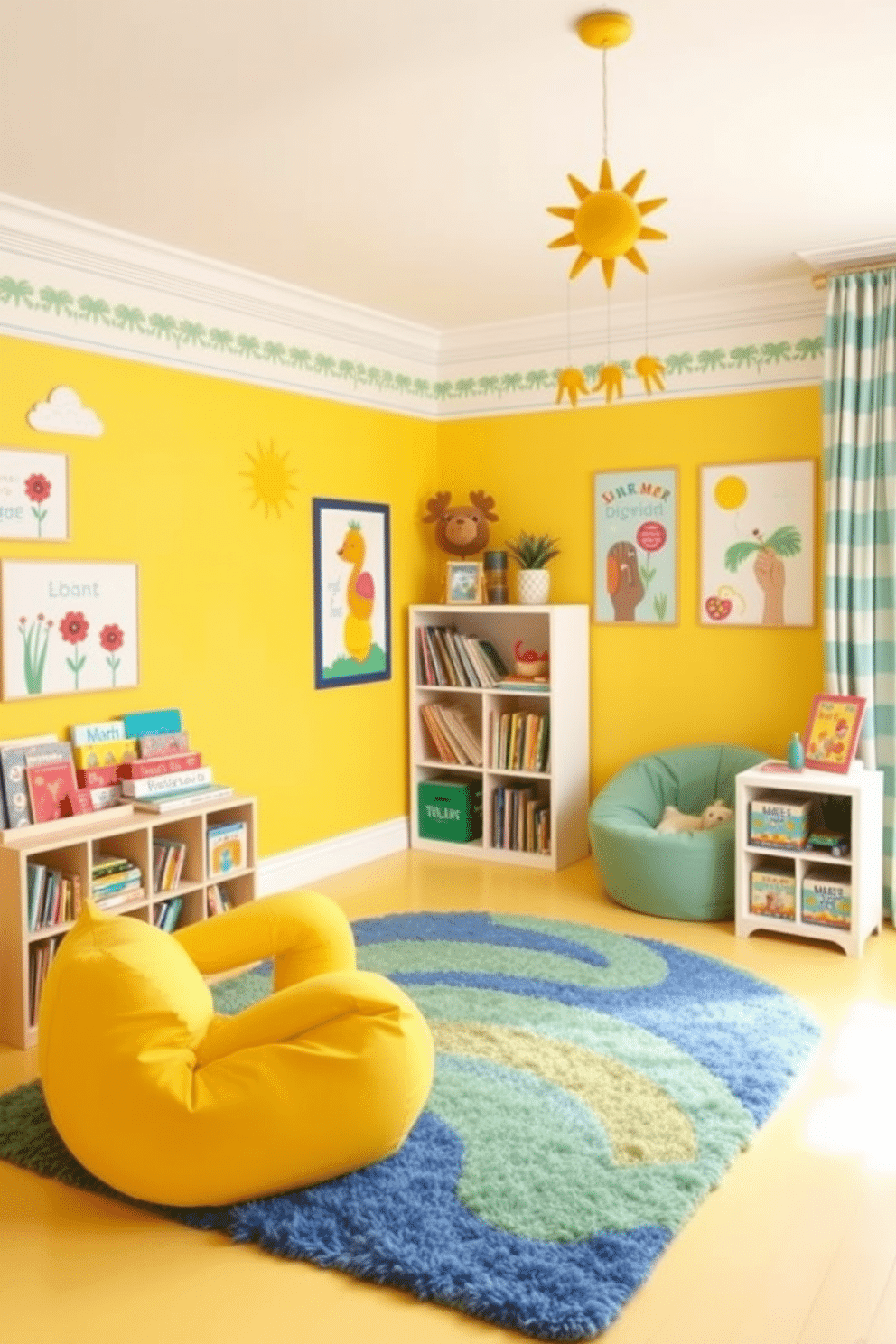 A bright and cheerful playroom filled with vibrant colors and playful patterns. The walls are painted in a soft yellow hue, and the floor is covered with a soft, plush rug in shades of blue and green. In one corner, there is a cozy reading nook with a bean bag chair and a small bookshelf filled with colorful children's books. Seasonal decorations include playful summer-themed artwork and a sun-shaped mobile hanging from the ceiling.