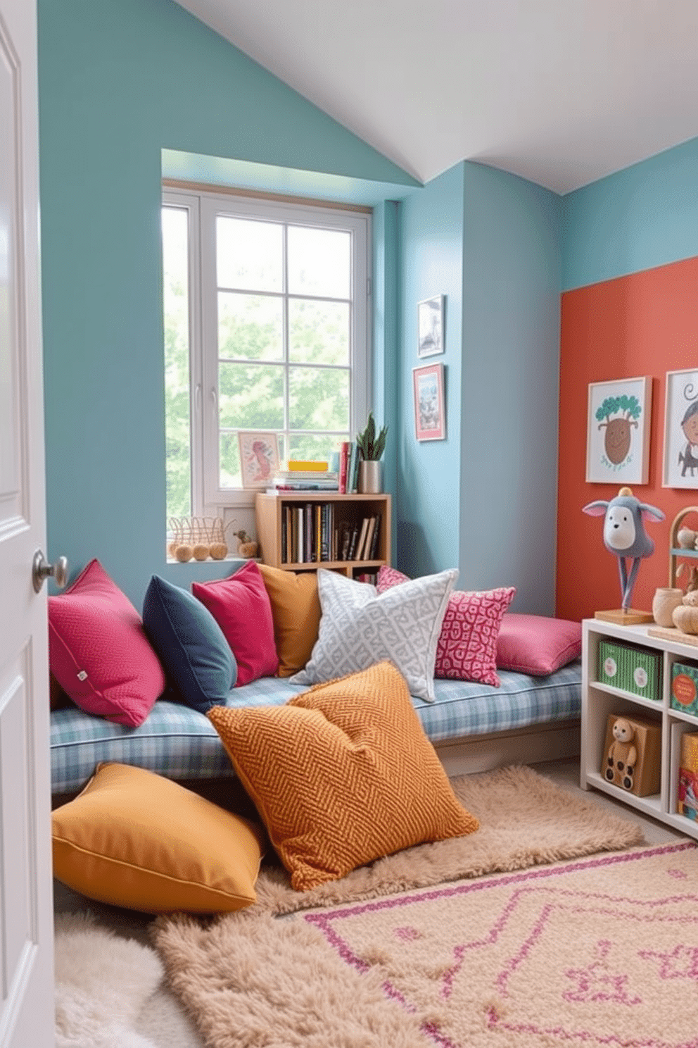 A charming reading nook filled with cozy cushions in various textures and colors. A large window lets in natural light, and a small bookshelf is nestled in the corner, showcasing an array of books and decorative items. A vibrant summer playroom designed for fun and creativity. Brightly colored walls are adorned with playful artwork, and soft rugs provide a comfortable space for children to play and explore.