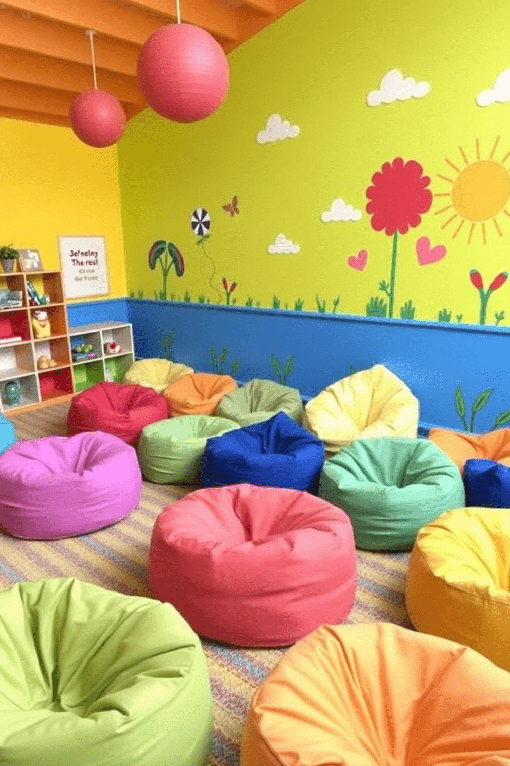 A vibrant summer playroom filled with colorful bean bag seating arrangements in various shapes and sizes. The walls are painted in bright, cheerful colors, and playful artwork adorns the space to create a fun and inviting atmosphere.