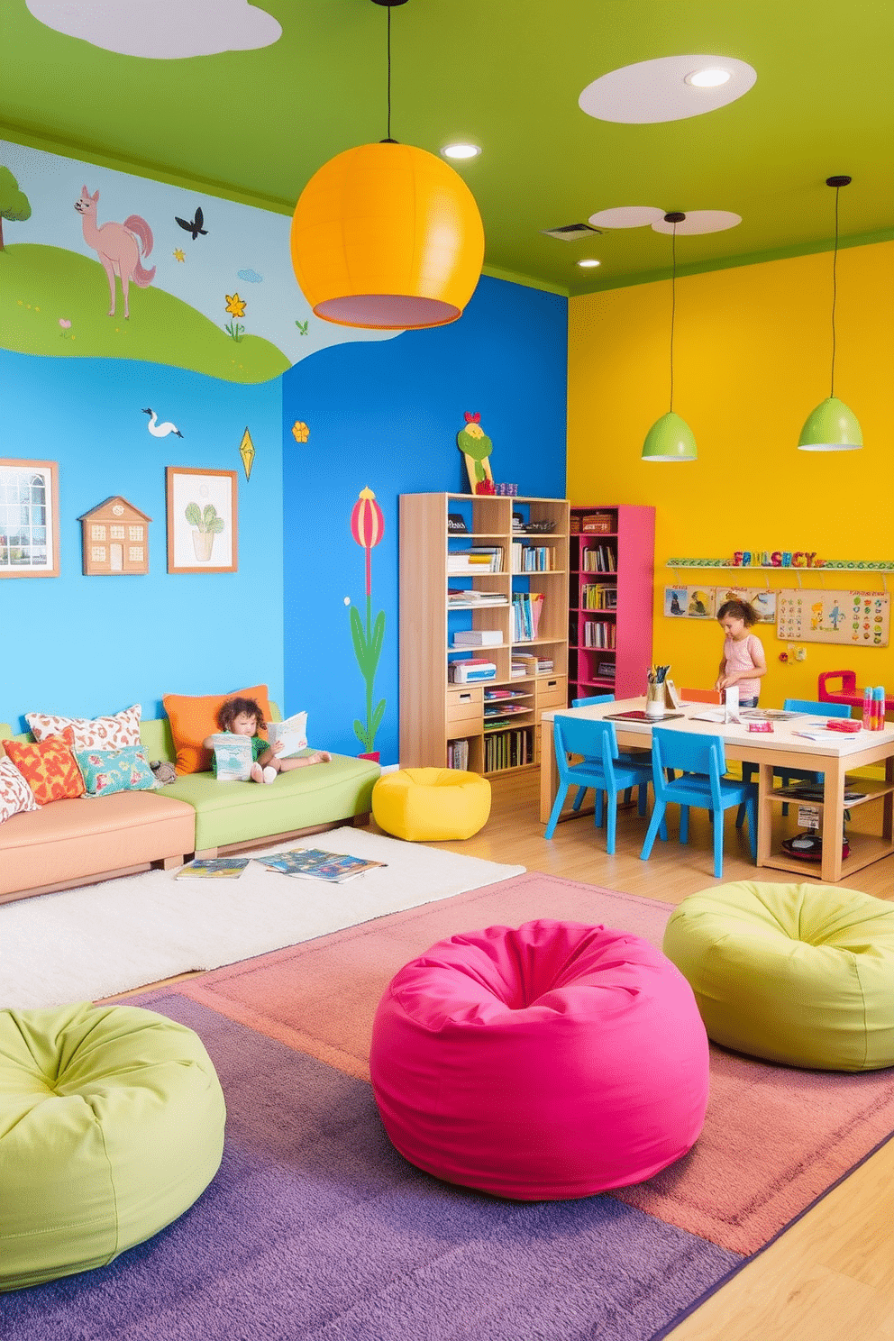 A vibrant play zone designed for creativity and imagination. The walls are painted in bright colors with playful murals, and there are cozy reading nooks filled with cushions and books. A separate area features a craft station with a large table, art supplies, and storage for projects. Soft rugs and bean bags create a comfortable space for kids to relax and enjoy their creative activities.