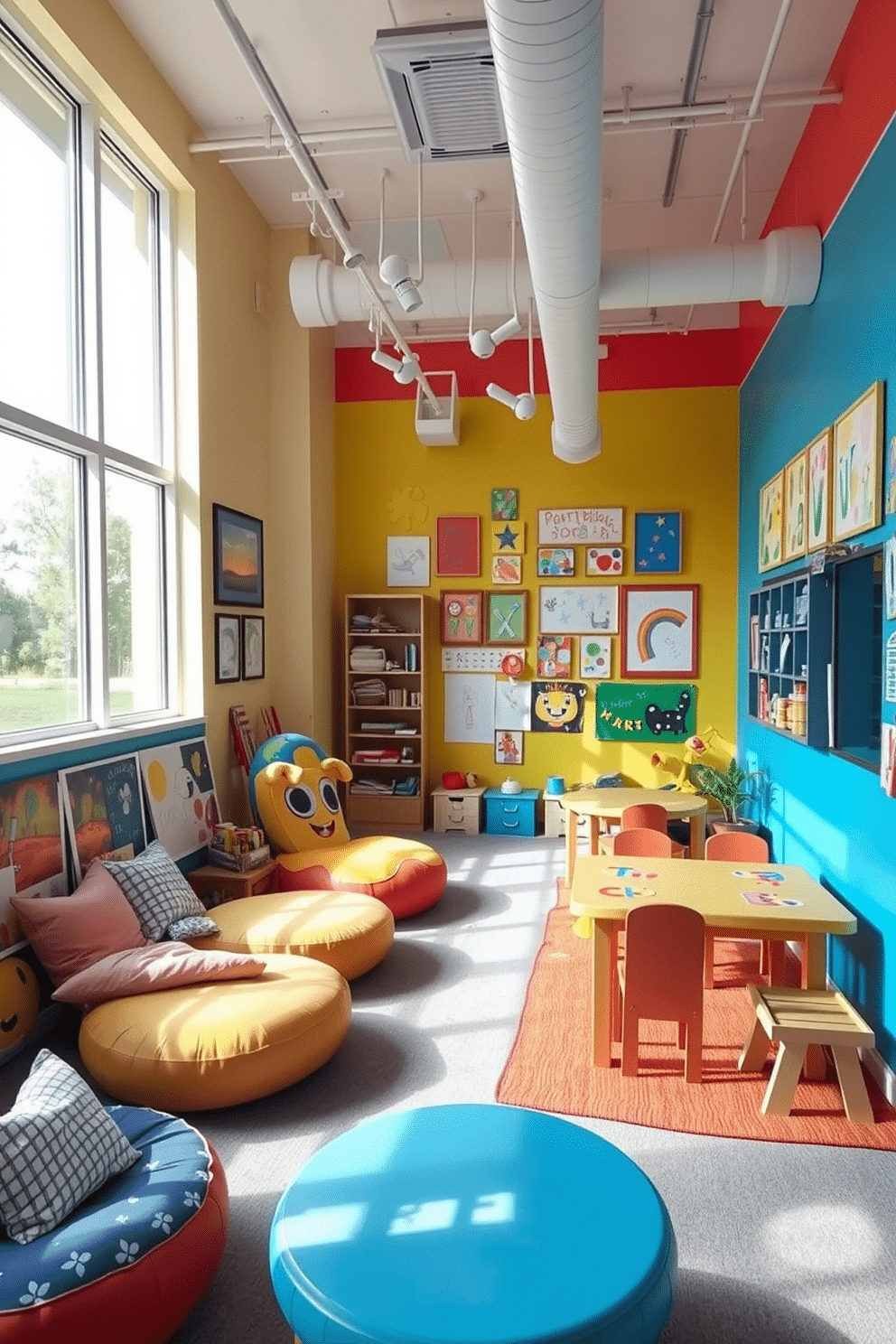 A vibrant art display area filled with children's creations. The walls are painted in bright colors, showcasing framed artwork and playful designs. A cozy summer playroom featuring a mix of soft seating and playful decor. Large windows allow natural light to flood the space, creating a cheerful atmosphere for play and creativity.