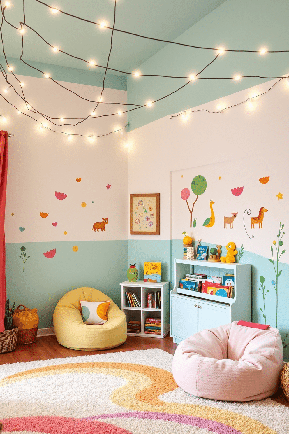 A whimsical summer playroom filled with vibrant colors and playful decor. Soft lighting from fairy lights drapes across the ceiling, creating a warm and inviting atmosphere. The walls are painted in a cheerful pastel hue, adorned with playful wall decals of animals and nature. A cozy reading nook features a plush bean bag chair and a small bookshelf filled with colorful storybooks.