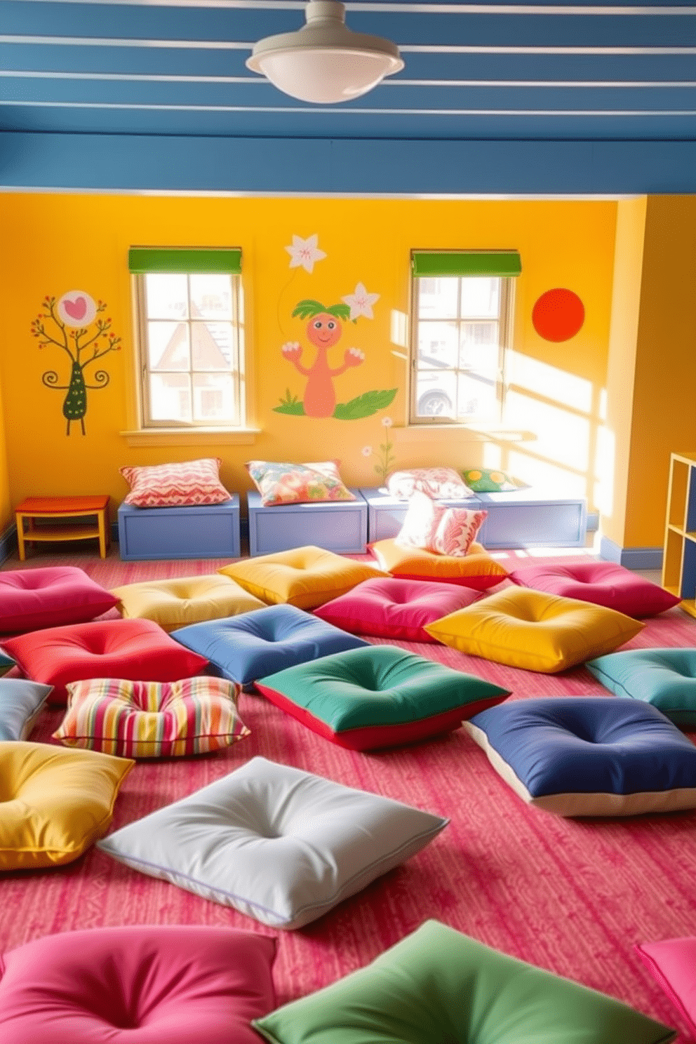 A vibrant summer playroom filled with colorful floor cushions scattered around for comfortable seating. The walls are painted in bright, cheerful hues with playful artwork adorning them, creating an inviting and fun atmosphere.