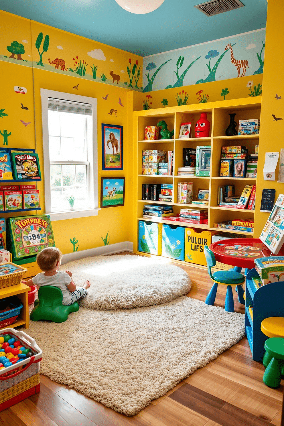 A vibrant summer playroom filled with colorful interactive games and playful decor. The walls are painted in bright shades of yellow and blue, adorned with playful wall decals of animals and nature. In one corner, a large soft rug provides a cozy space for children to sit and play. Shelves are filled with board games, puzzles, and art supplies, encouraging creativity and fun activities.