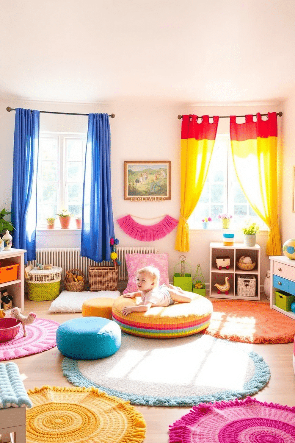 A vibrant summer playroom filled with joy and creativity. The windows are adorned with colorful curtains in bright hues, letting in ample sunlight and brightening the entire space. The walls are painted in a soft pastel shade, creating a cheerful backdrop for playful decor. Plush rugs in various colors and patterns cover the floor, inviting children to sit and play comfortably.