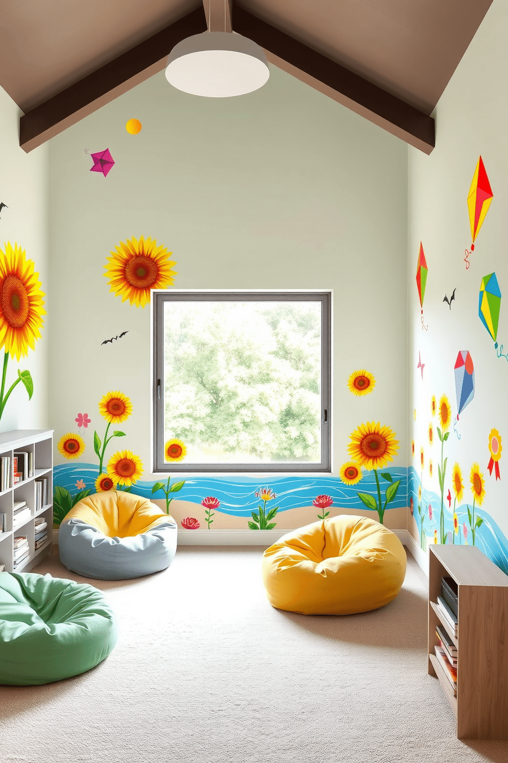 A vibrant playroom filled with wall decals depicting cheerful summer scenes. The decals feature bright sunflowers, playful beach balls, and colorful kites, creating an inviting and joyful atmosphere. The playroom is furnished with soft bean bags and a cozy reading nook. A large window allows natural light to flood the space, enhancing the cheerful summer theme.