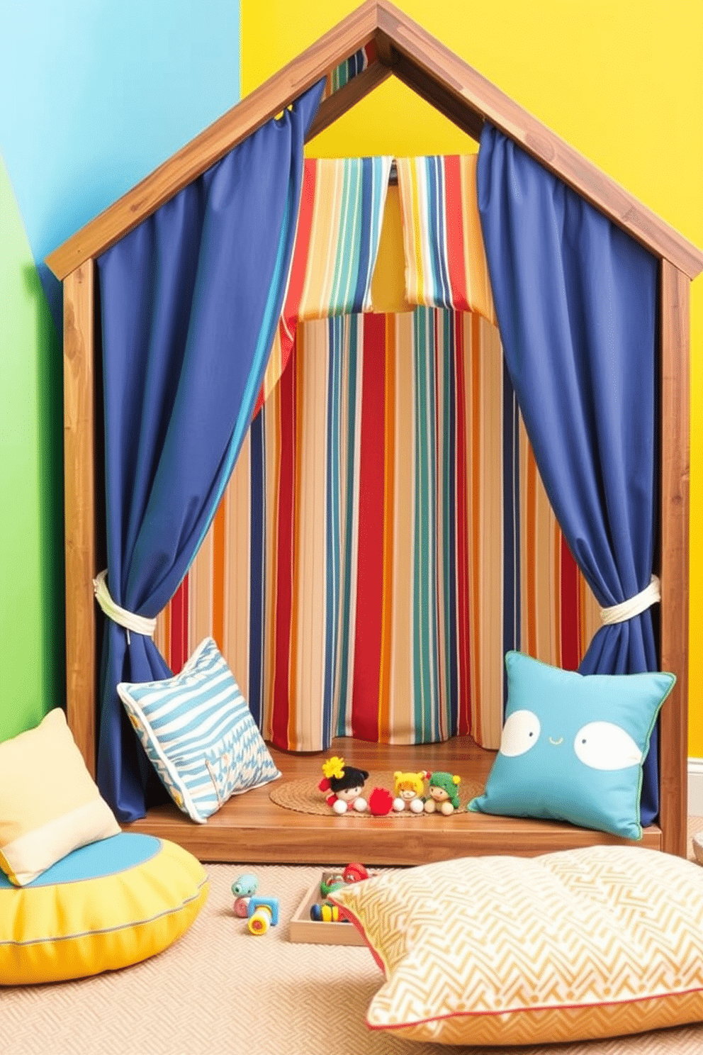 A whimsical DIY puppet theater designed for imaginative play. The structure features a colorful fabric curtain and a sturdy wooden frame, creating an inviting stage for children to showcase their creativity. Brightly colored walls in shades of yellow and blue set the playful tone for the summer playroom. Cozy seating with soft cushions and a variety of toys encourage interactive and imaginative activities for kids.