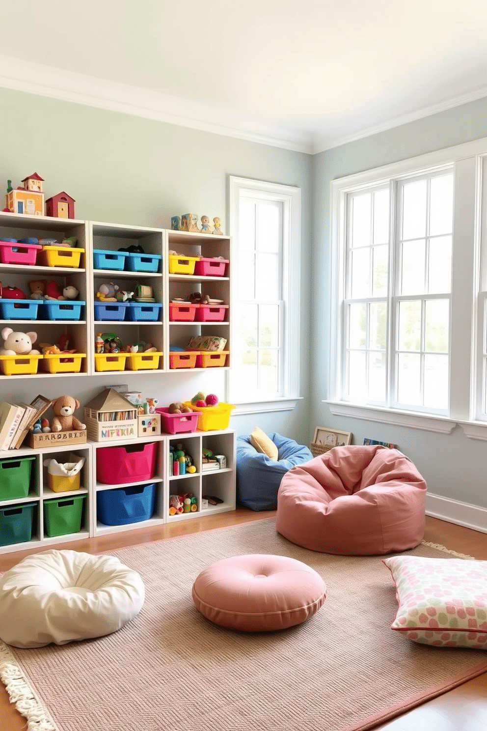 A bright and cheerful playroom features open shelving filled with colorful bins for easy access to toys. The walls are painted in a soft pastel hue, and a cozy rug adds warmth to the space. Natural light floods the room through large windows, creating a welcoming atmosphere. Comfortable seating options, like bean bags and floor cushions, encourage play and relaxation.