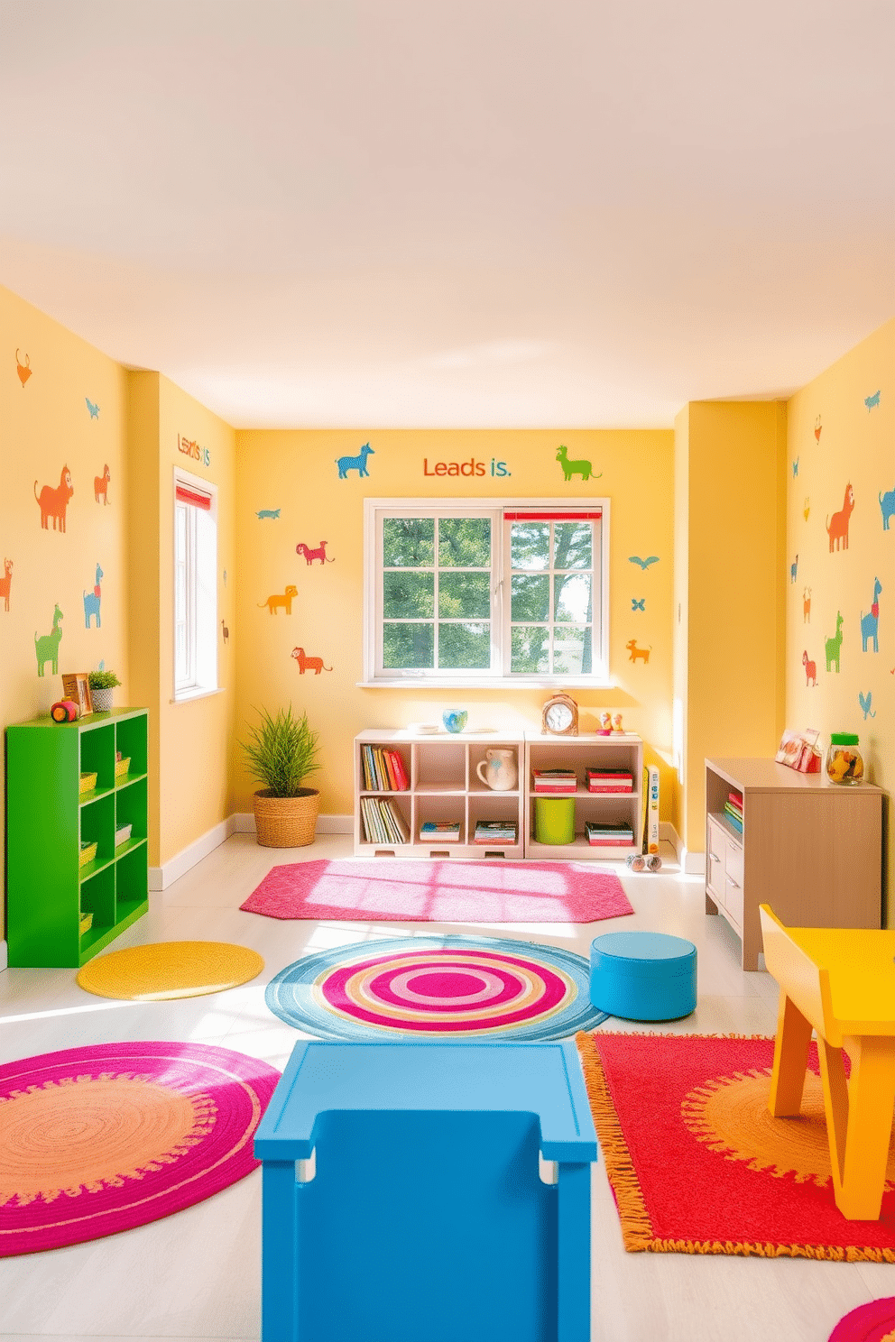 A vibrant playroom filled with natural light features colorful wall stickers of animals and shapes that add a playful touch to the space. The walls are painted in soft pastel colors, creating a cheerful atmosphere perfect for children's activities. The playroom includes a cozy reading nook with a small bookshelf and plush cushions where kids can relax and enjoy their favorite books. Brightly colored rugs and playful furniture pieces enhance the fun and inviting environment, making it an ideal space for summer play.