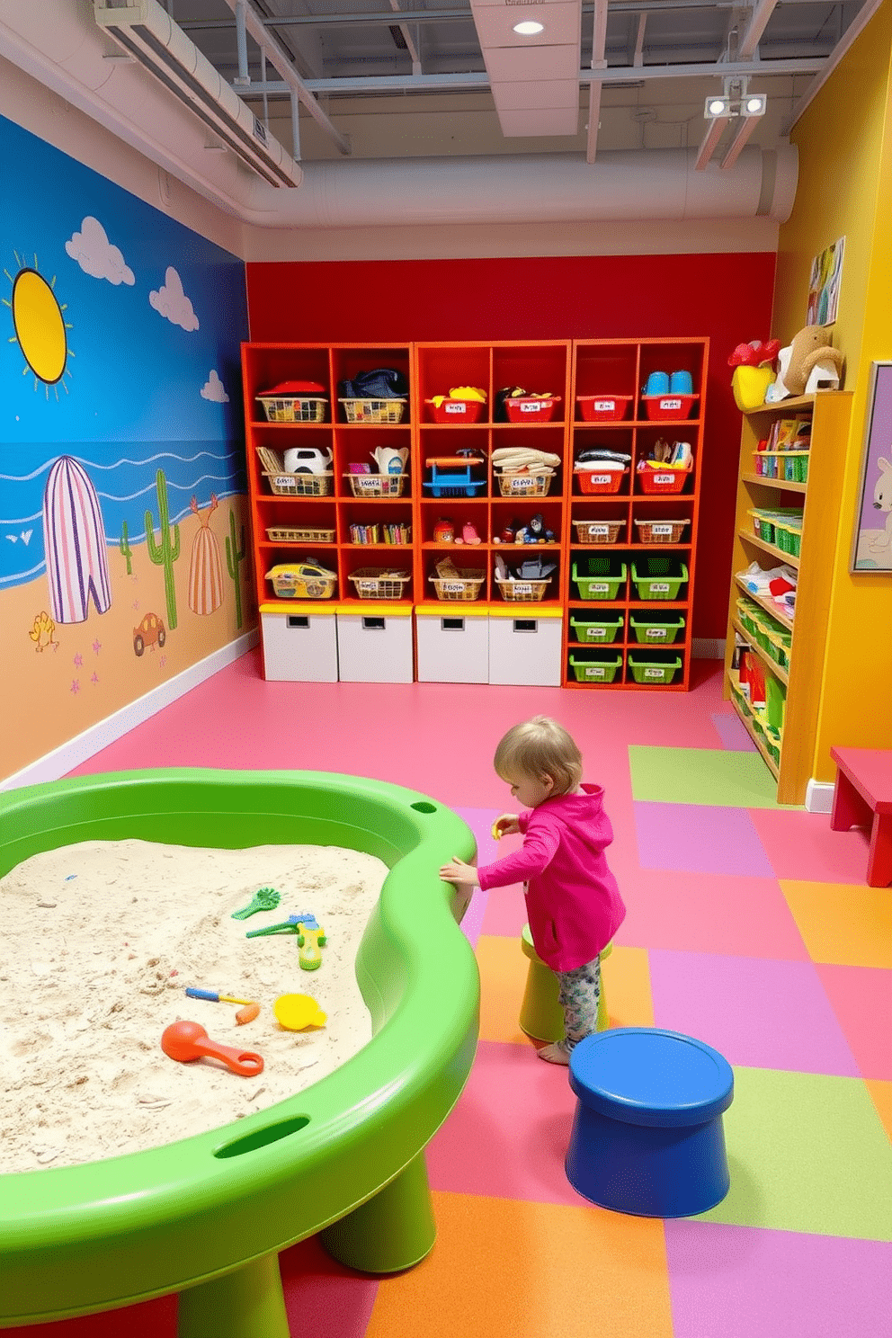 A vibrant indoor sand and water play area designed for children. The space features a large sandbox filled with clean sand and a water table with colorful toys, surrounded by bright, playful murals depicting beach scenes. Soft, durable flooring in cheerful colors ensures safety and comfort during playtime. Shelving units hold bins of toys and crafting materials, while comfortable seating for caregivers is provided nearby.