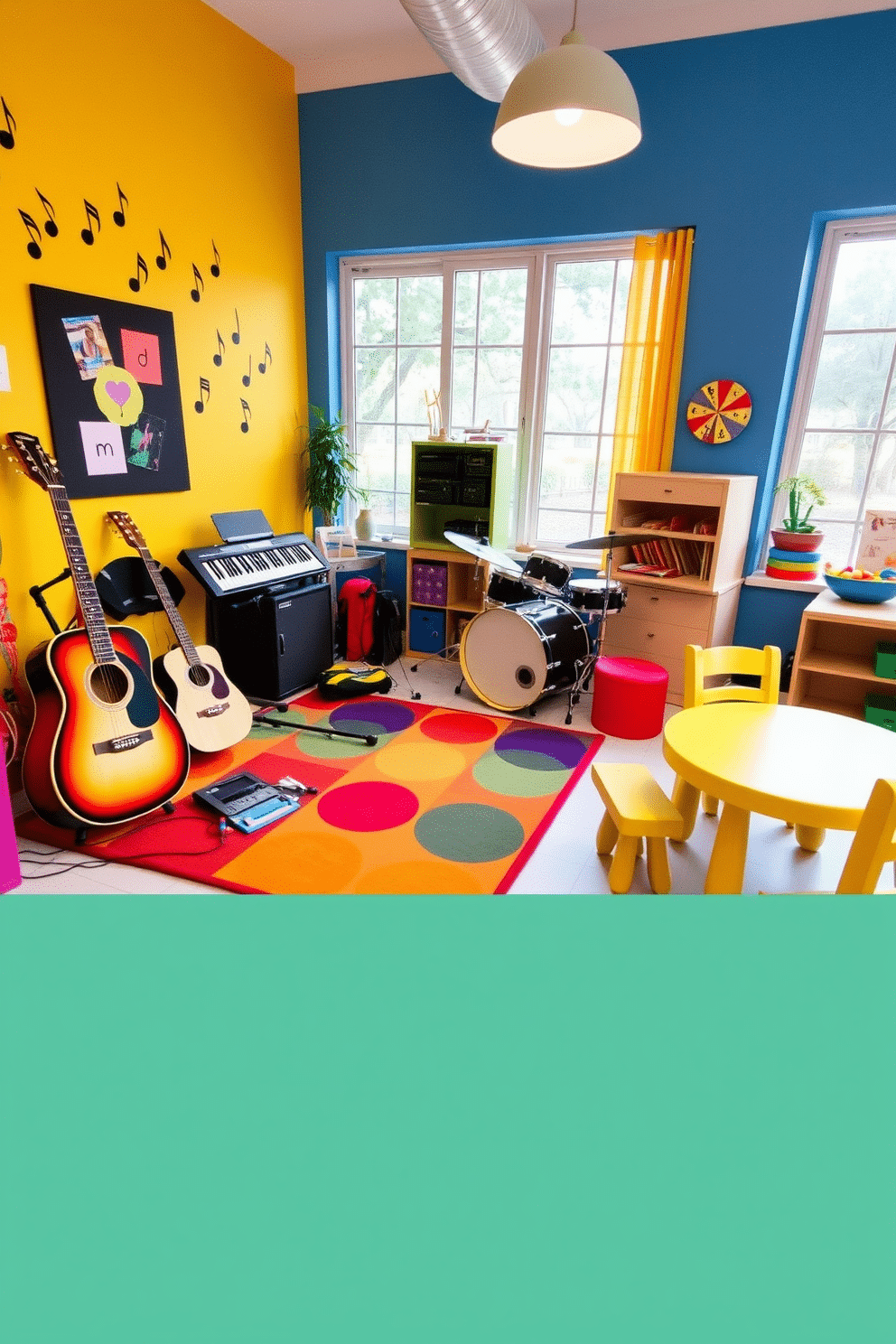 A vibrant musical instruments corner filled with creativity. The space features a colorful rug, various instruments like a guitar, keyboard, and drums arranged invitingly, with wall art showcasing music notes. A cheerful summer playroom designed for fun and imagination. The room is adorned with bright colors, playful furniture, and large windows that let in natural light, creating a lively atmosphere for children to explore and play.