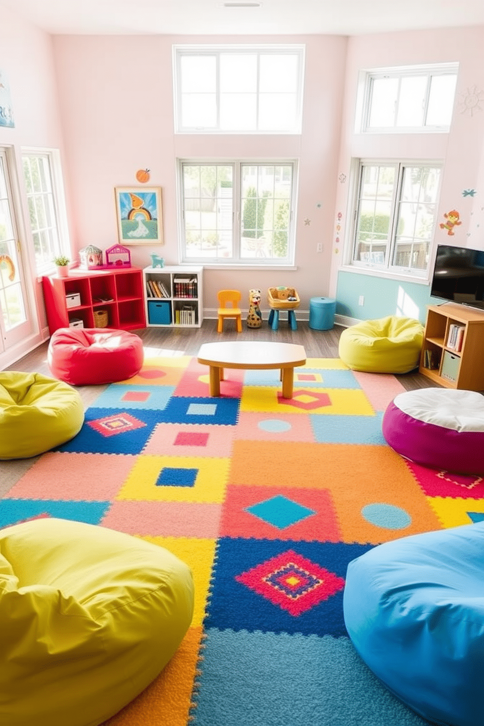 A vibrant area rug featuring playful geometric patterns lies at the center of a bright and cheerful summer playroom. Surrounding the rug are colorful bean bags and low tables, creating an inviting space for children to play and explore. The walls are painted in soft pastel colors, adorned with whimsical artwork and playful decals. Natural light floods the room through large windows, enhancing the lively atmosphere and making it a perfect spot for summer activities.