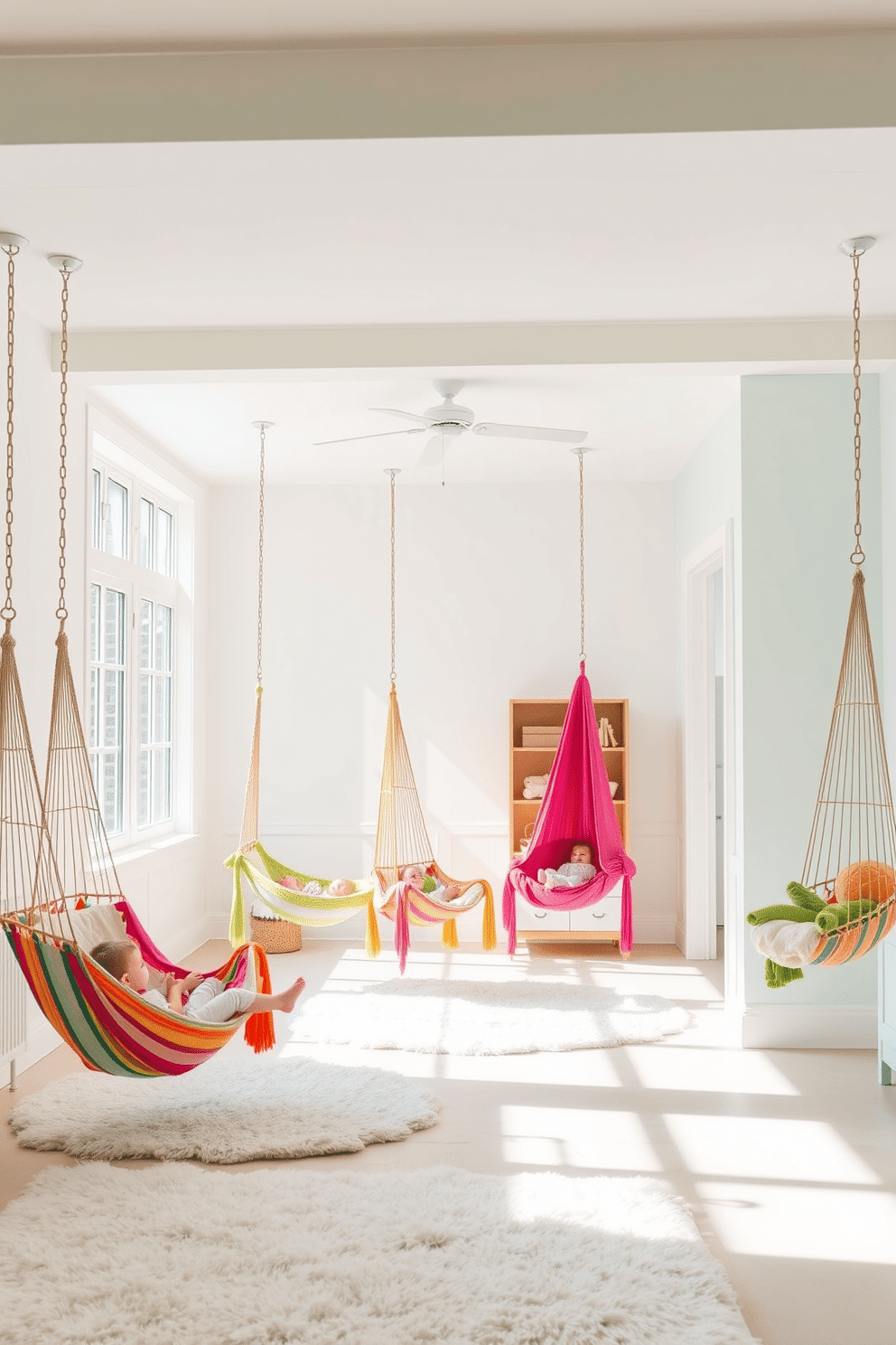 A bright and airy summer playroom filled with natural light. Colorful hammock swings hang from the ceiling, inviting cozy lounging and playful relaxation. The walls are painted in soft pastel colors, creating a cheerful atmosphere. Plush rugs cover the floor, providing a comfortable space for children to play and explore.