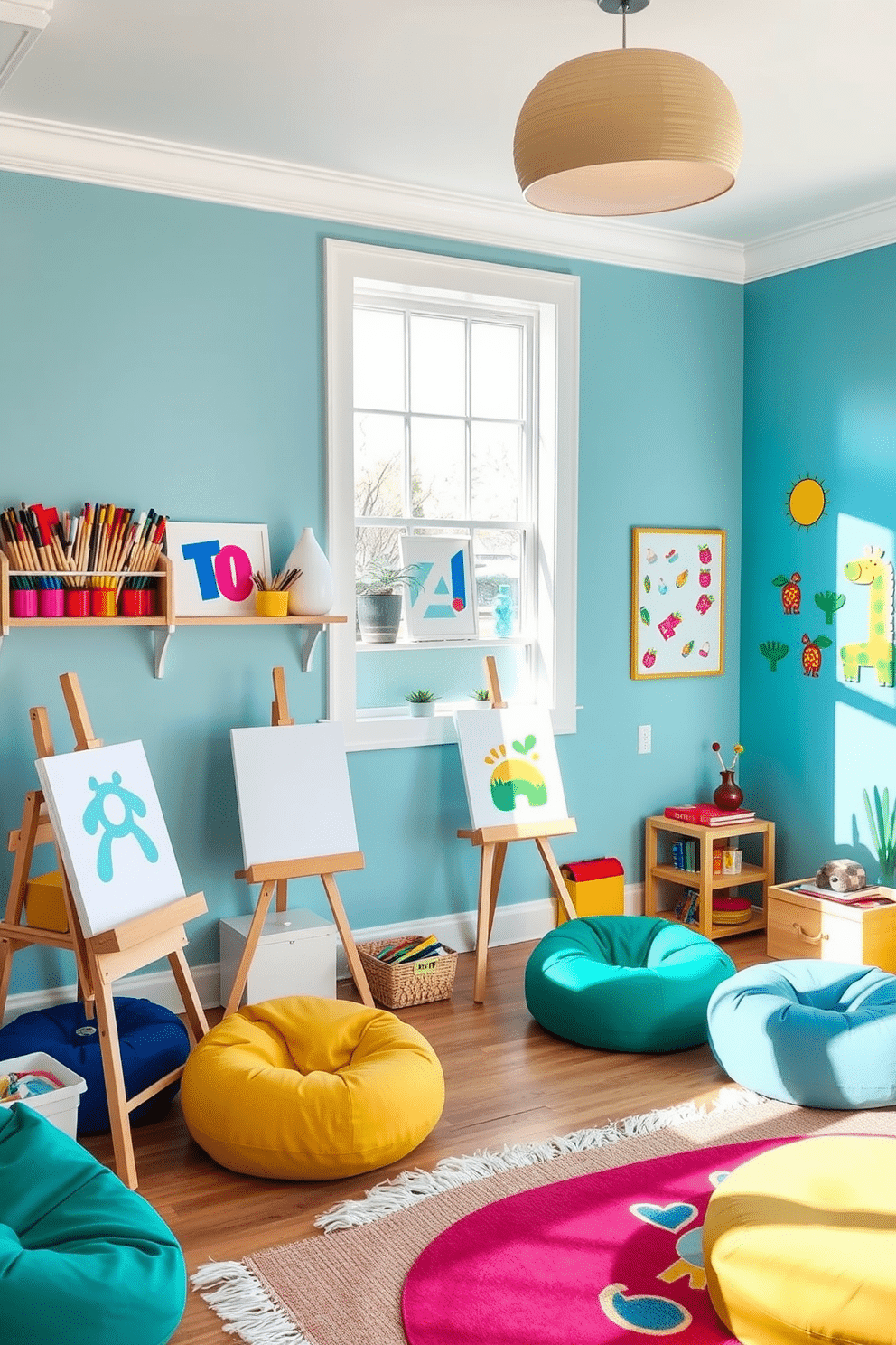 A vibrant art station filled with easels stands in a sunlit corner of a spacious room. Colorful paint supplies and canvases are neatly organized on a wooden shelf, inviting creativity and inspiration. The summer playroom is designed with playful decor and bright colors to engage children's imaginations. Soft rugs and bean bags create a cozy area for reading and relaxation, while whimsical wall art adds a touch of fun.