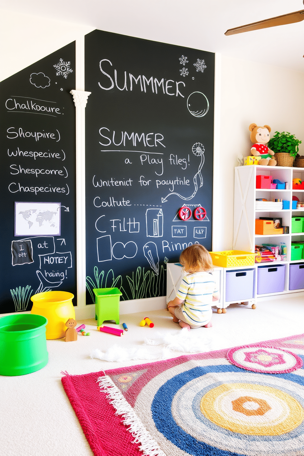 A vibrant summer playroom features an interactive chalkboard wall that invites creativity and play. The floor is covered with soft, colorful rugs, and shelves filled with toys and art supplies line the walls.