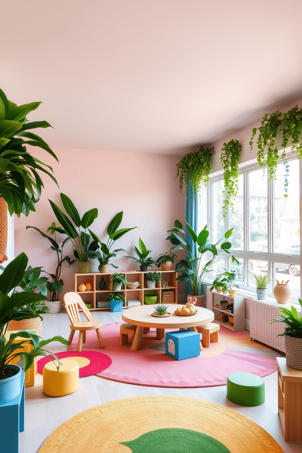 A bright and cheerful playroom filled with nature-inspired decor. The walls are painted in soft pastel colors, and large windows allow natural light to flood the space. Lush green plants are strategically placed around the room, creating a vibrant atmosphere. Colorful rugs and playful furniture pieces invite children to explore and play freely.