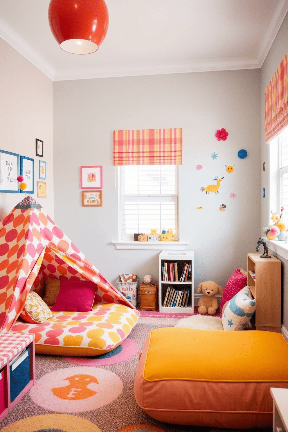 A vibrant playroom filled with colorful decor and playful elements. In one corner, a whimsical tent with bright patterns and soft cushions invites children to explore their imaginations. The walls are adorned with cheerful artwork and playful decals that inspire creativity. A cozy reading nook with a small bookshelf and plush seating encourages quiet time amidst the fun.