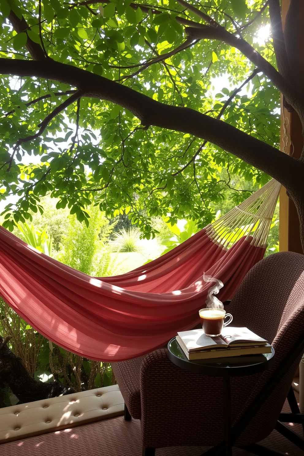 Cozy hammock under shady trees. Soft fabric drapes gently in the breeze, surrounded by lush greenery and dappled sunlight filtering through the leaves. Summer Reading Nook. A comfortable armchair is nestled in a corner with a small side table, adorned with a stack of books and a steaming cup of tea.