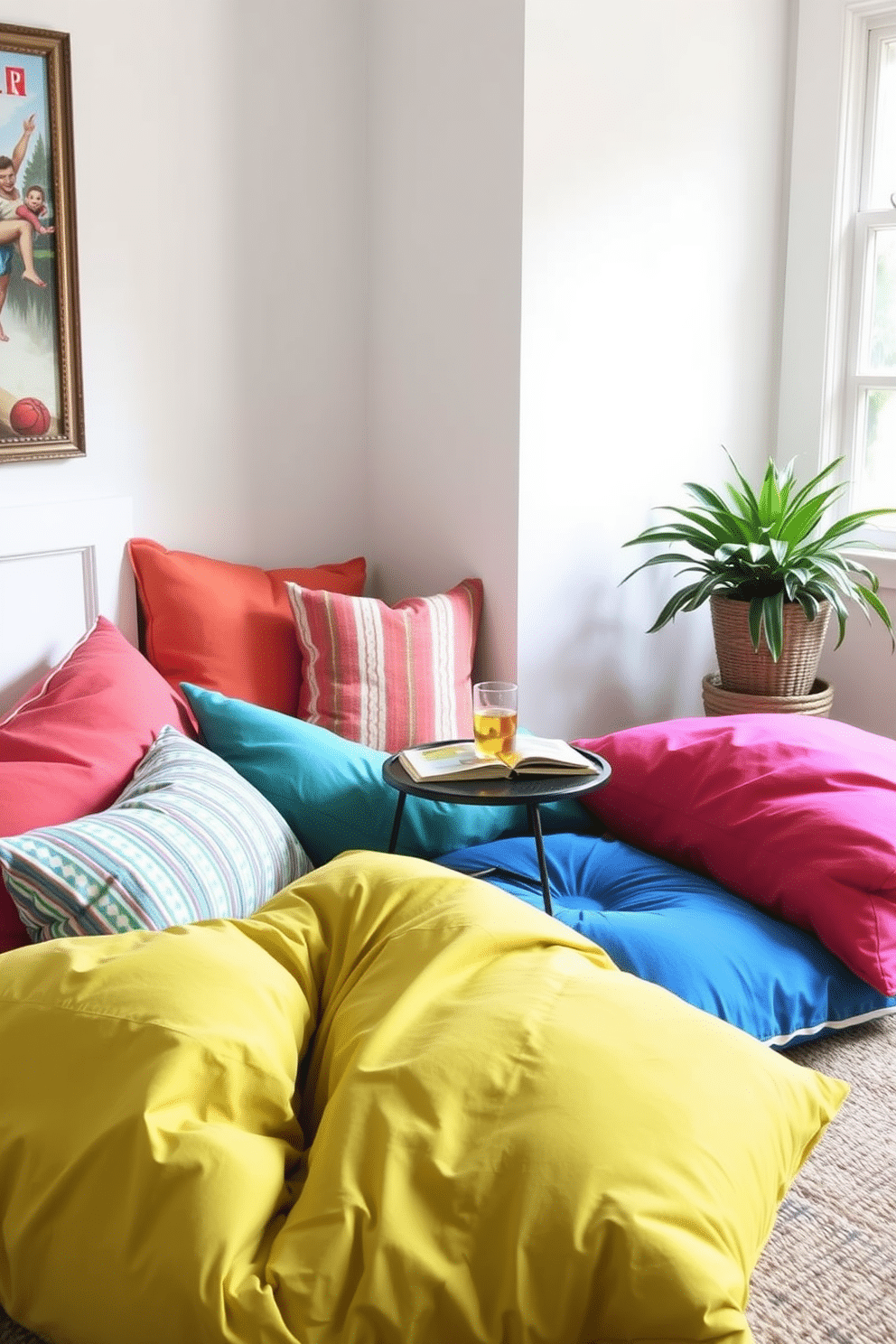 Oversized floor pillows in vibrant colors create a cozy and inviting atmosphere for a summer reading nook. Surround the pillows with soft lighting and a small side table to hold your favorite books and a refreshing drink.