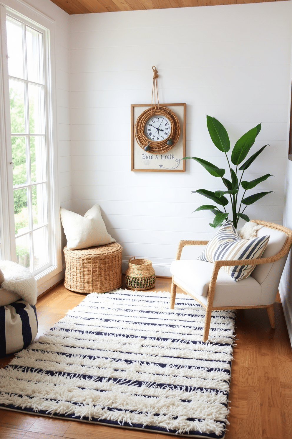 A cozy summer reading nook featuring a plush rug adorned with nautical stripes. The nook is filled with soft cushions and a comfortable armchair positioned near a large window that lets in natural light.