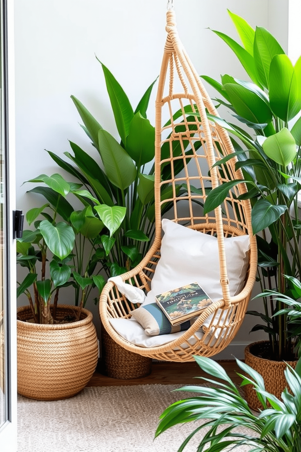 A cozy summer reading nook featuring a suspended hanging chair made of natural wicker. The space is adorned with soft cushions in pastel shades, surrounded by lush indoor plants that create a serene atmosphere.