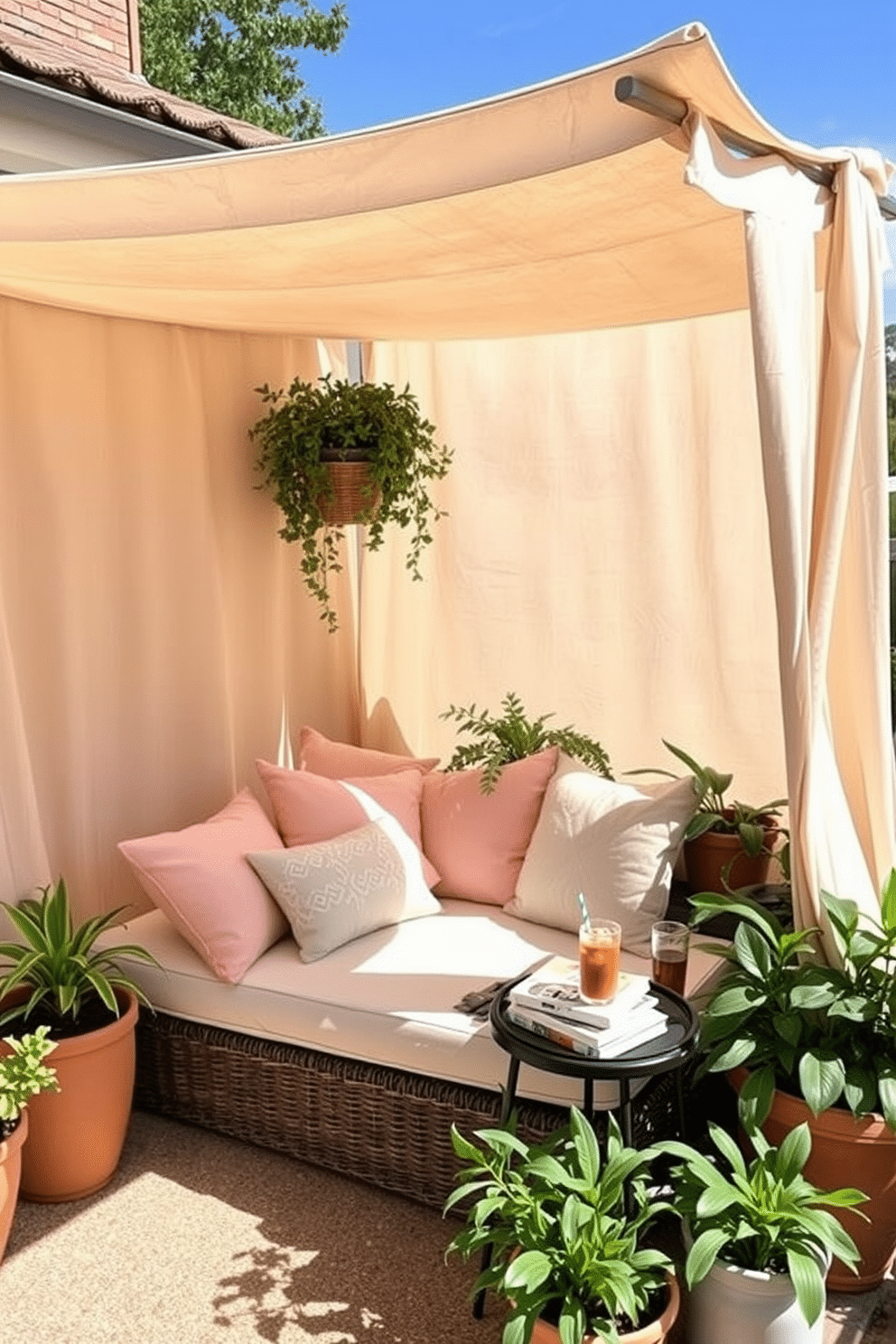 A cozy outdoor reading nook is adorned with a sunshade canopy that provides ample protection from the sun. Plush cushions in soft pastel colors are scattered on a comfortable daybed, inviting relaxation and enjoyment of summer reads. Surrounding the nook are potted plants that add a touch of greenery and vibrancy to the space. A small side table holds a stack of books and a refreshing drink, completing this serene summer retreat.