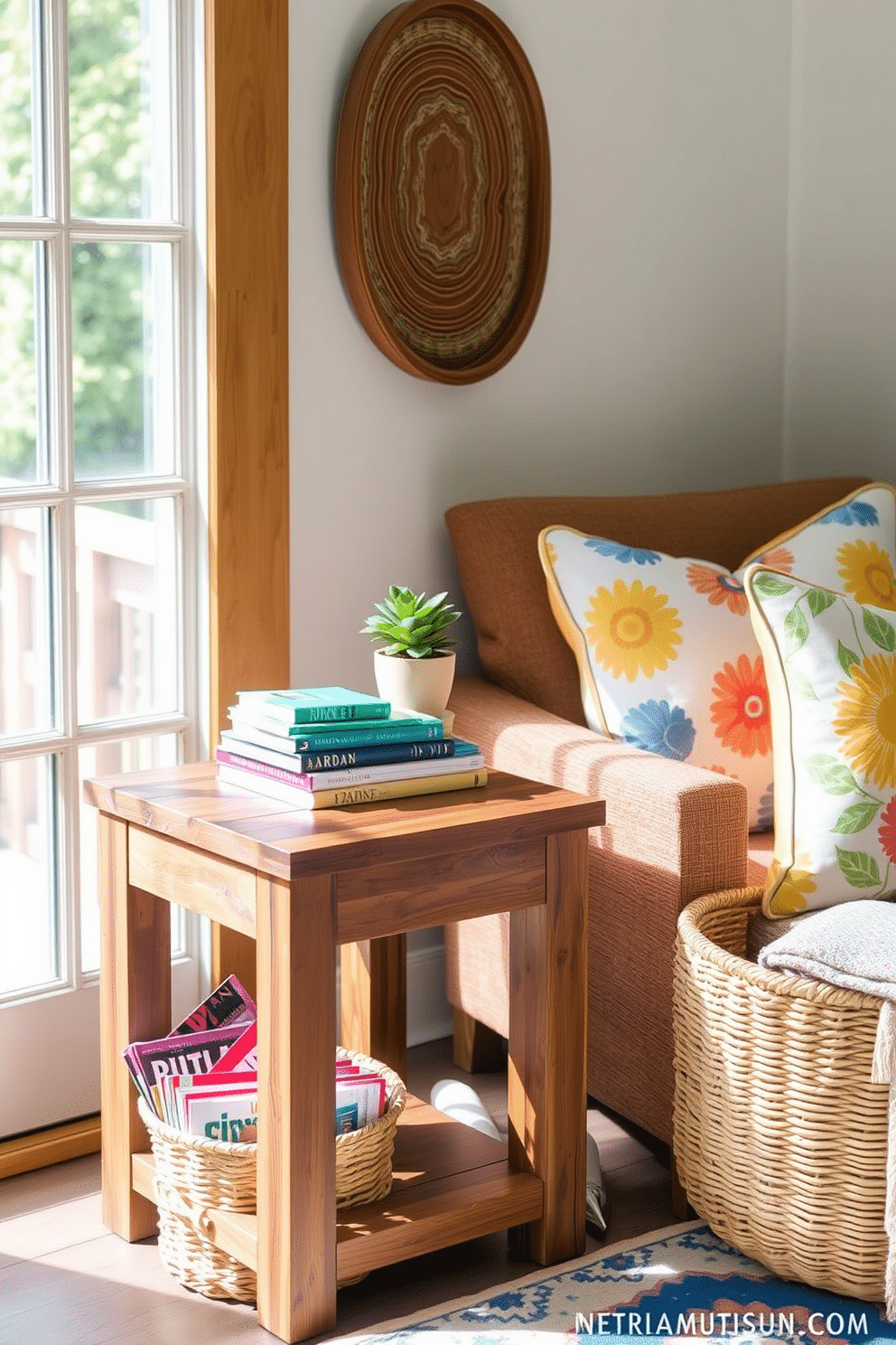 A charming side table made of reclaimed wood with a rustic finish sits next to a cozy armchair in a summer reading nook. The table is adorned with a small potted plant and a stack of colorful books, inviting relaxation and enjoyment. The reading nook features soft, oversized cushions in vibrant fabrics, creating a welcoming atmosphere. Natural light pours in through a nearby window, illuminating the space and highlighting a woven basket filled with magazines.