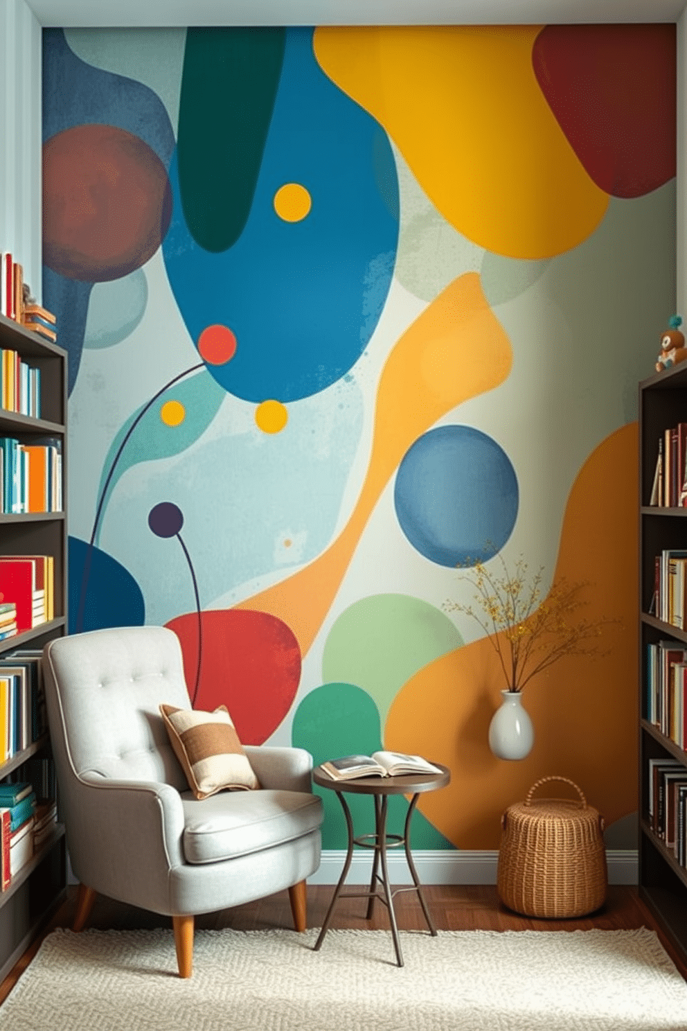 Artistic wall mural featuring vibrant colors and abstract shapes that create a focal point in the room. The mural is complemented by soft lighting that enhances its visual appeal. Cozy summer reading nook with a plush armchair and a small side table for books and beverages. Surrounding the nook are shelves filled with colorful books and decorative items that add personality to the space.