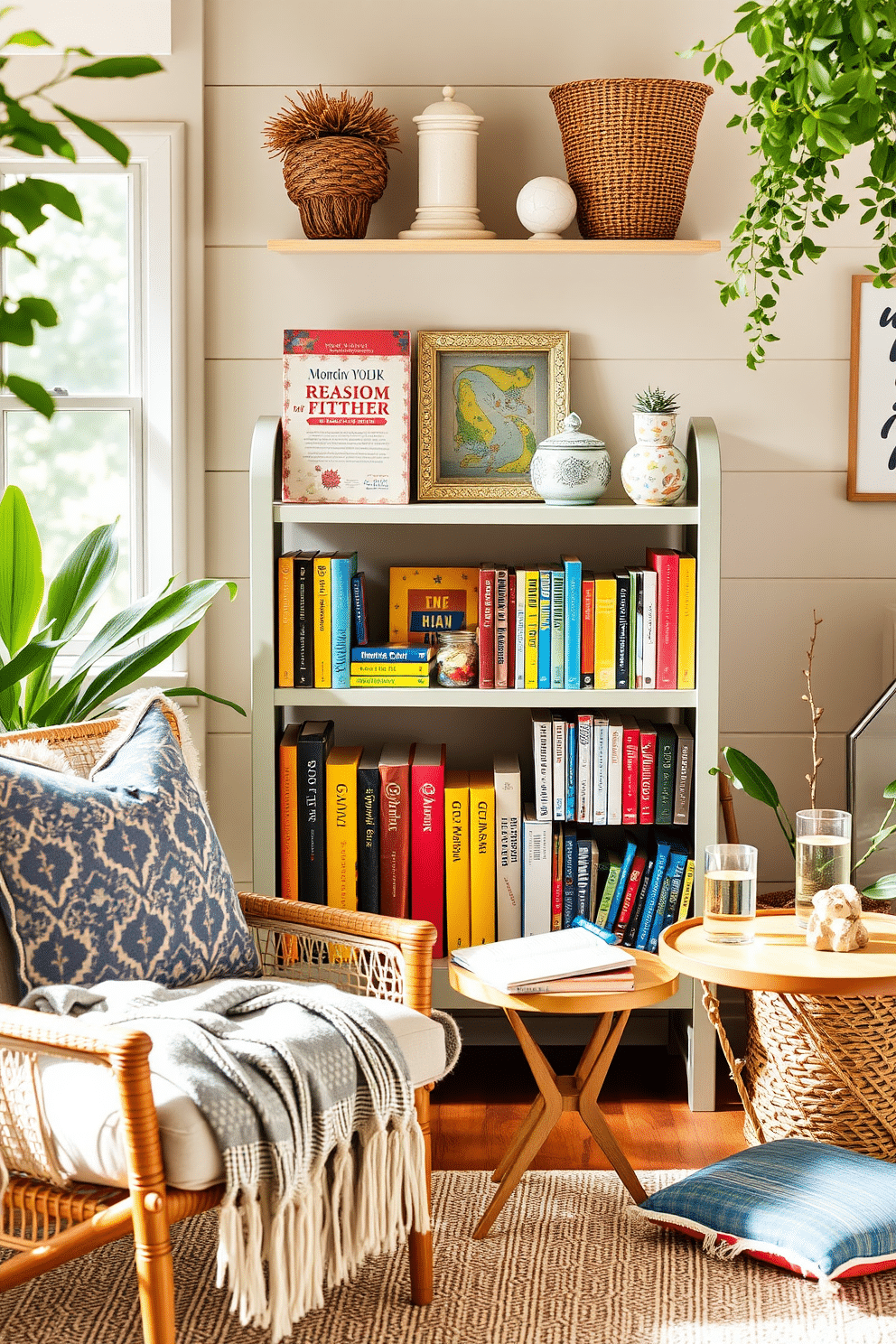 A cozy summer reading nook features a portable bookshelf filled with colorful books and decorative items. The nook is adorned with a plush armchair, a soft throw blanket, and a small side table for a refreshing drink.