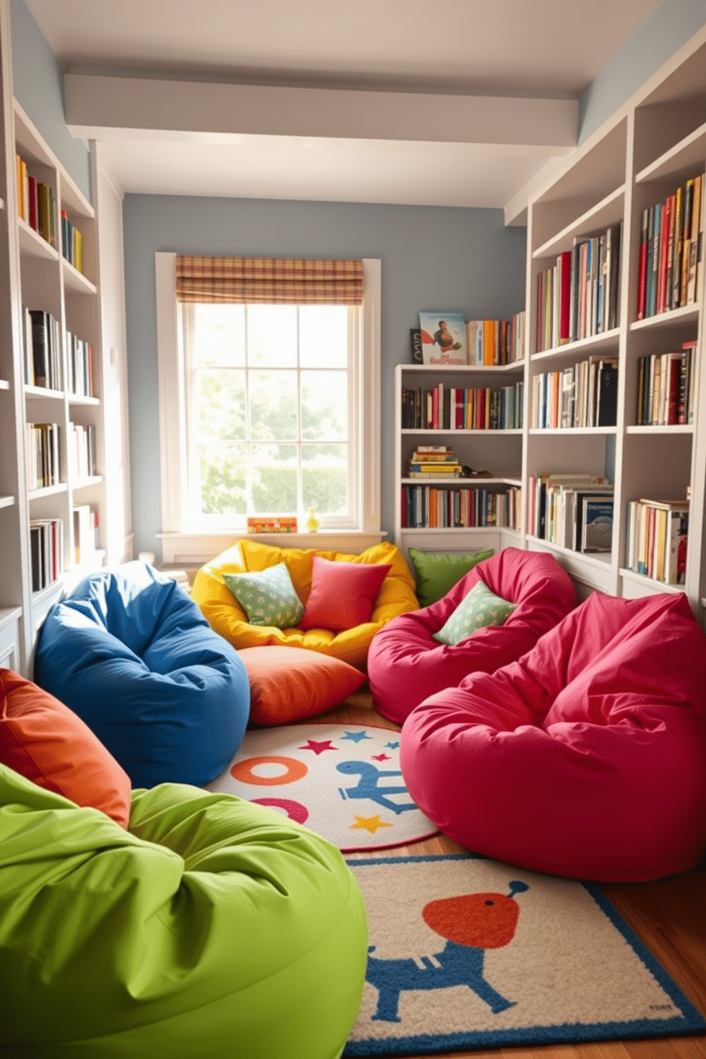 Brightly colored bean bags are arranged in a cozy corner, creating a vibrant and inviting atmosphere for relaxation. Soft, plush cushions in various shapes and sizes complement the bean bags, enhancing the comfort of the space. Surrounded by shelves filled with books, the nook is illuminated by natural light streaming through a large window. A playful rug with a whimsical design anchors the seating area, adding an element of fun to the summer reading experience.