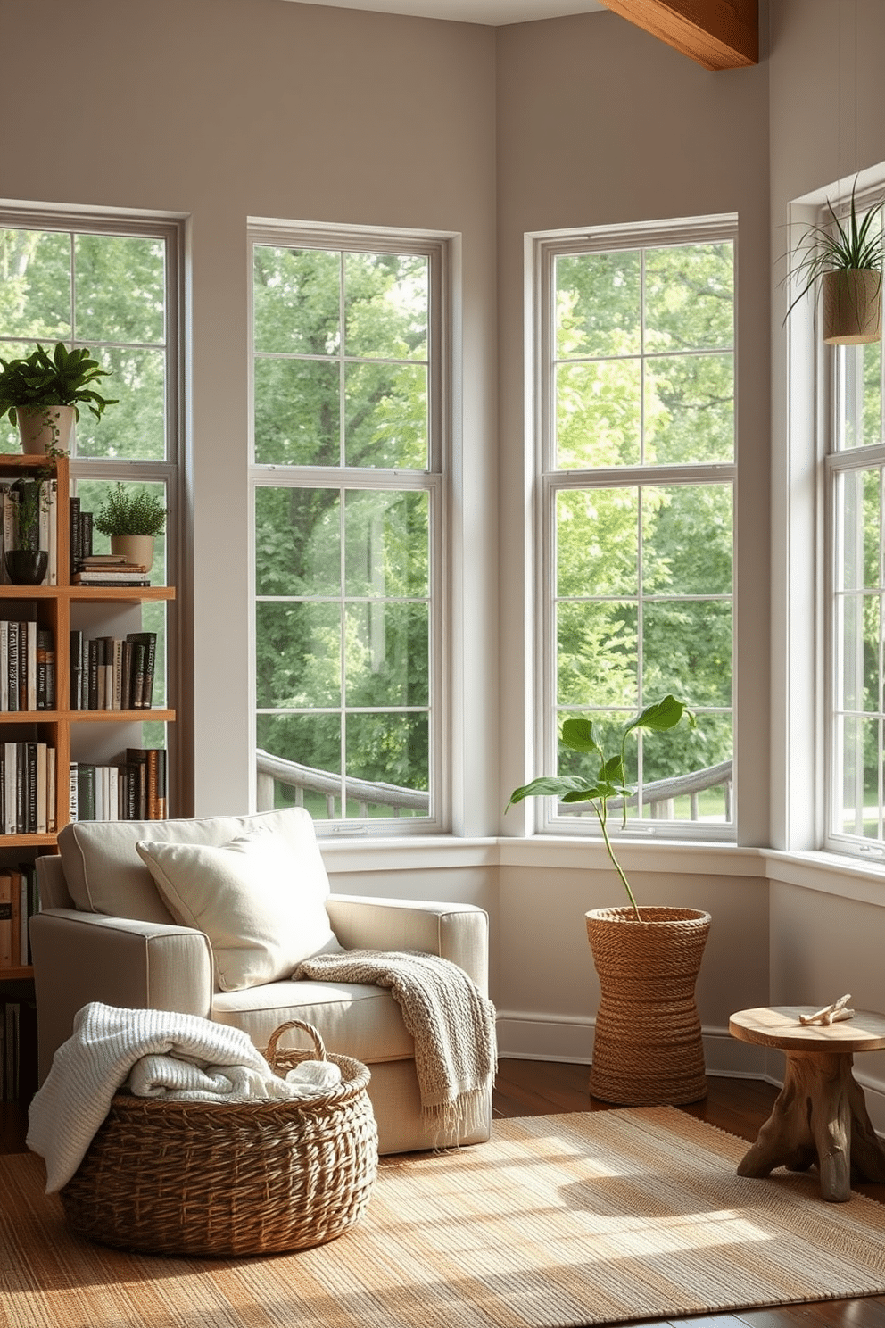 A cozy reading nook bathed in natural light with large windows showcasing lush greenery outside. The space features a comfortable armchair upholstered in soft linen, surrounded by shelves filled with books and decorative plants. Natural wood accents like a reclaimed wood coffee table and floating shelves create an earthy feel. A woven basket holds soft blankets, and a small side table made of driftwood adds to the organic aesthetic.