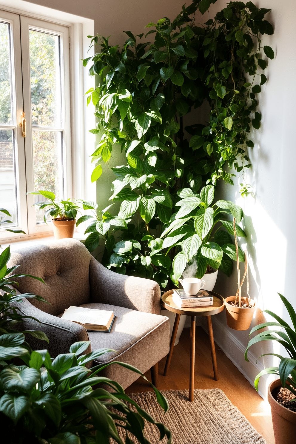 A serene reading nook surrounded by lush greenery. A comfortable armchair in soft fabric is positioned next to a large window, allowing natural light to flood the space. Potted plants of varying heights are placed around the nook, creating a calming atmosphere. A small side table holds a stack of books and a steaming cup of tea, inviting relaxation and enjoyment.