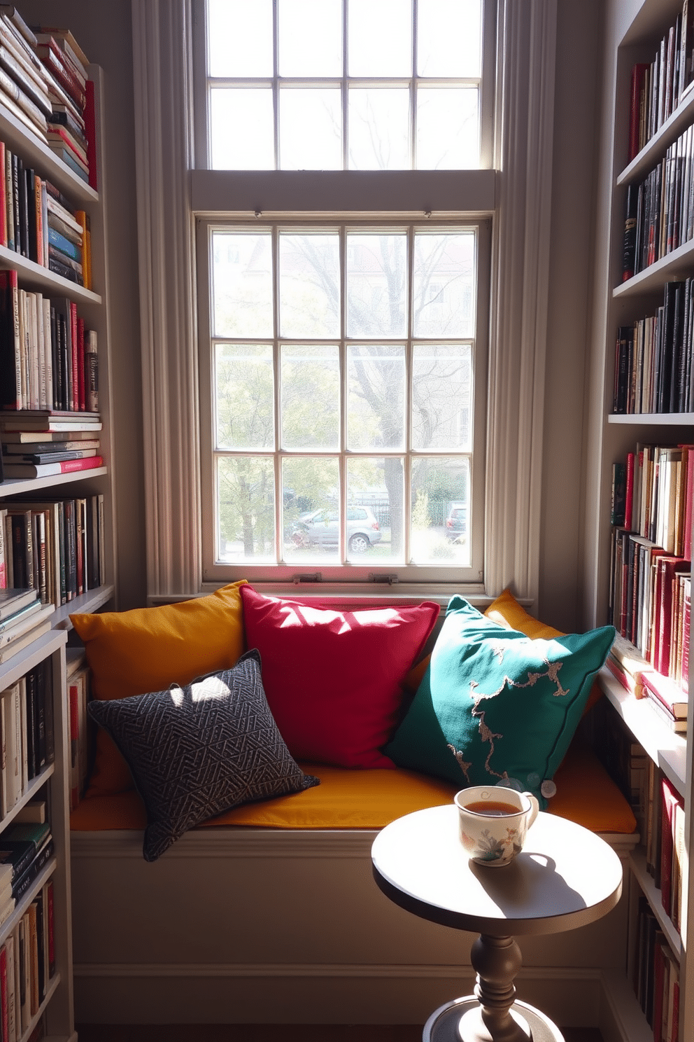 Bright cushions in vibrant colors are arranged on a cozy window seat bathed in natural light. Surrounding the nook are shelves filled with an array of books and a small side table holding a steaming cup of tea.