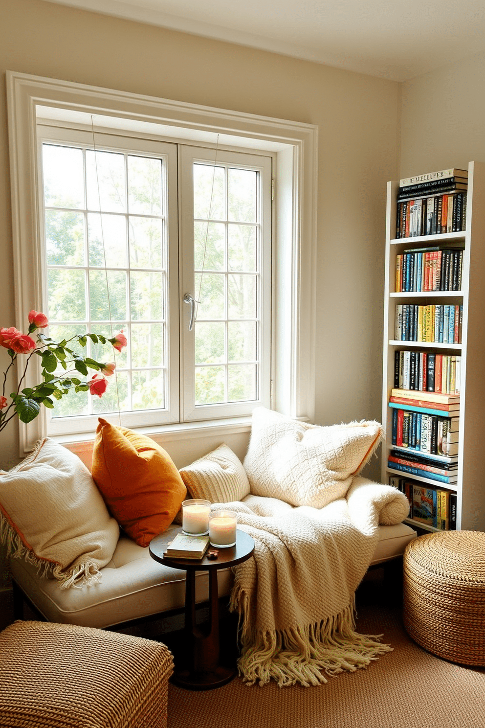 A cozy summer reading nook adorned with plush cushions and a soft throw blanket. A large window allows natural light to flood the space, while a small side table holds an array of scented candles to create a relaxing ambiance. The walls are painted in a light pastel shade, complementing the warm tones of the furniture. A tall bookshelf filled with colorful novels stands nearby, inviting you to unwind with a good book.